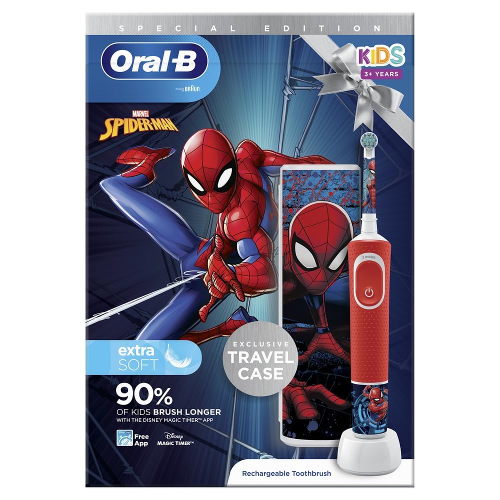 Oral-B Kids Electric Toothbrush with Spider-Man Design - Rechargeable Battery, 2-Minute Timer for Better Brushing - Perfect Gift for Children's Dental Care & Superhero Fans