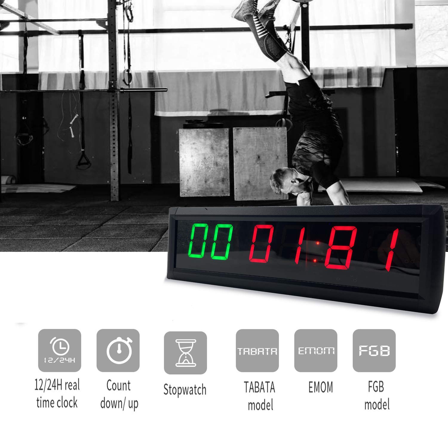 1.8 Inch Digital Workout Timer Wall Clock - Interval Countdown/Countup Stopwatch with Remote Control (Green & Red Display) for Gym, Home Fitness & Cross Training