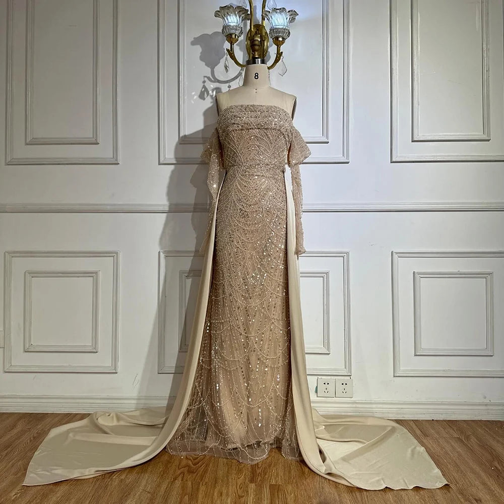 Luxury Dubai Arabic Pearl Beaded Mermaid Evening Gown with Detachable Overskirt - Formal Wedding Dress for Brides, Prom, Gala & Special Occasions