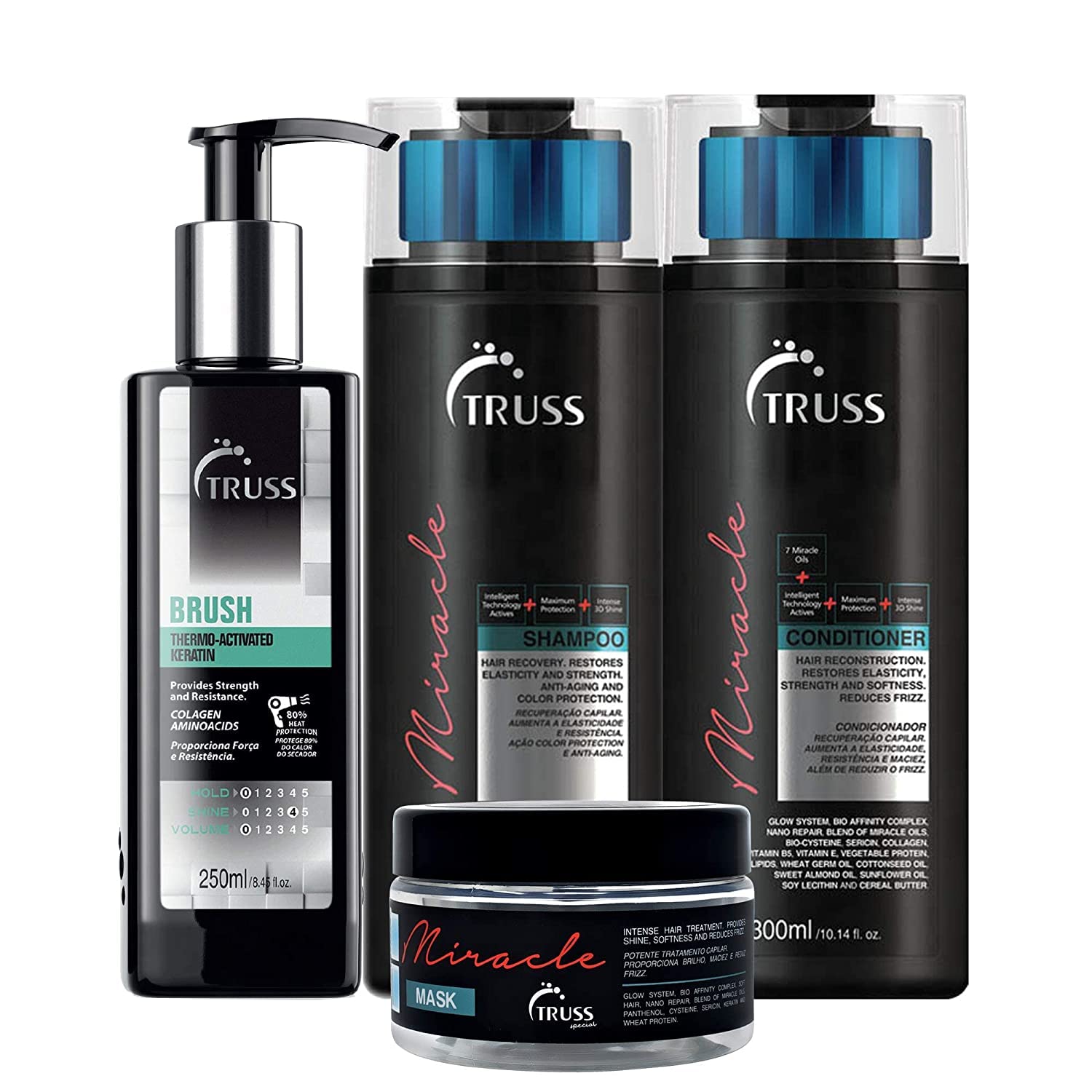 Keratin Leave-In Treatment & Miracle Shampoo Conditioner Set with Hair Mask - Truss Brush Bundle for Frizz Control & Hair Repair | Salon-Quality At-Home Hair Care for Smooth, Shiny & Healthy Locks