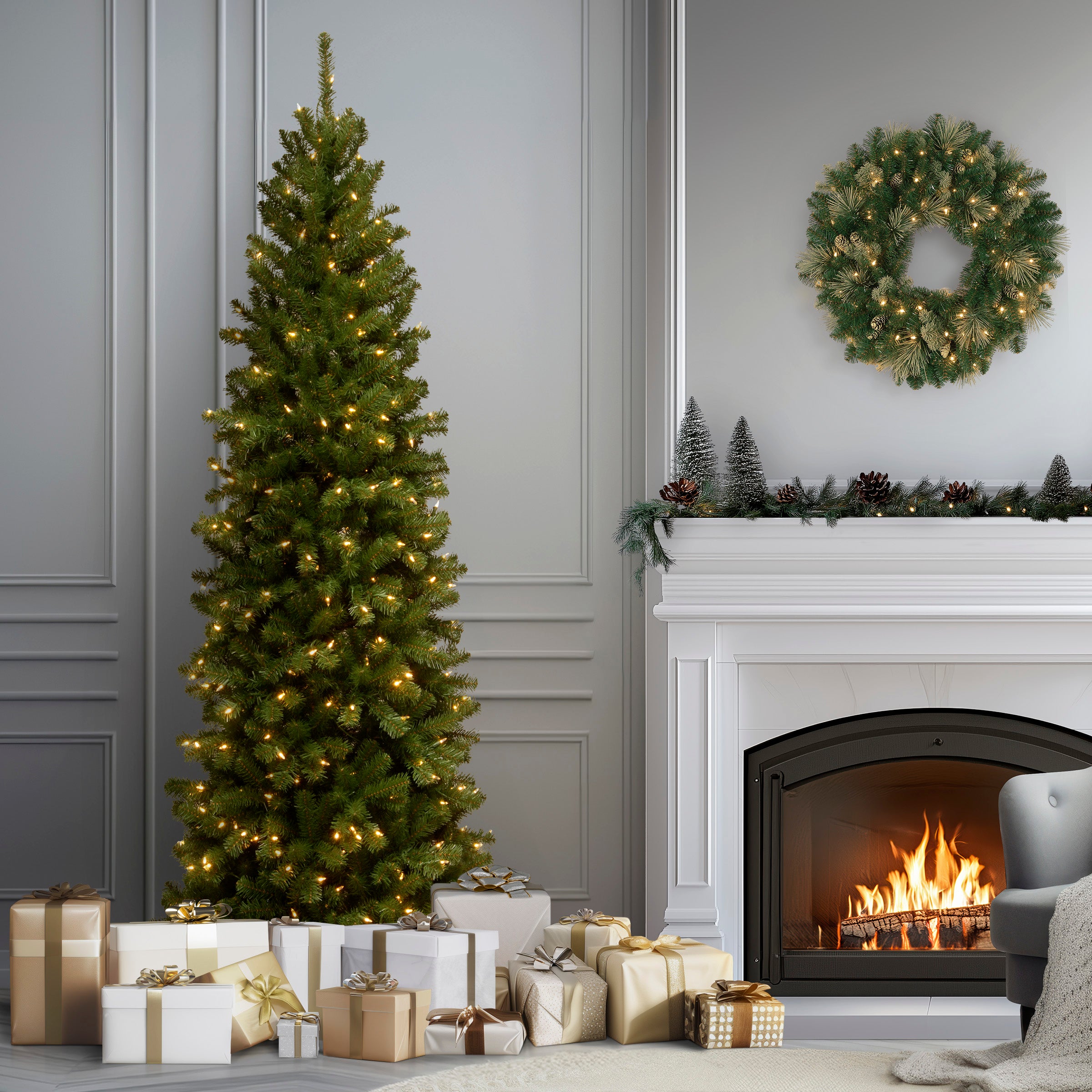 7.5 ft Pre-Lit North Valley Spruce Pencil Slim Artificial Christmas Tree with 500 Clear LED Lights - Perfect for Small Spaces & Apartment Holiday Decor