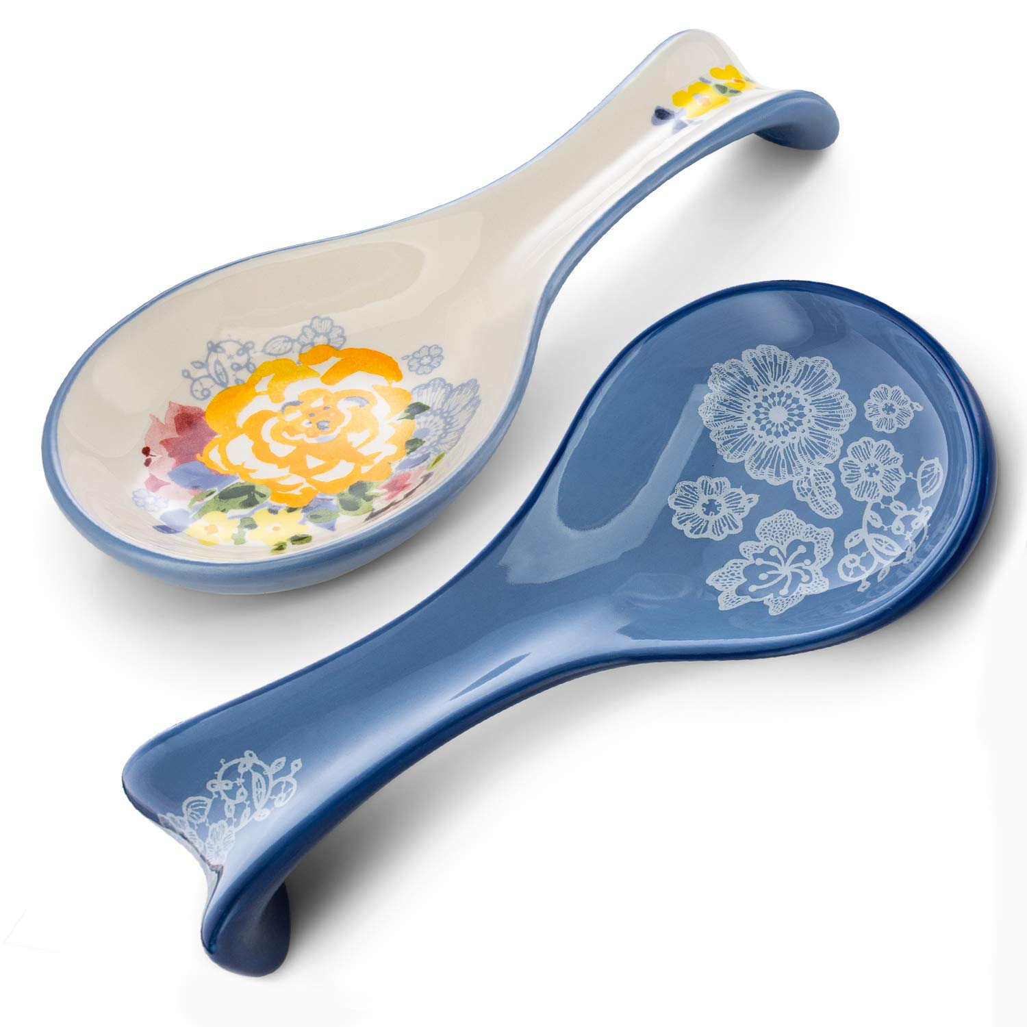 Kook Ceramic Spoon Rest Set of 2 - Floral Stovetop Utensil Holder for Kitchen & Coffee Bar, Farmhouse Decor, Dishwasher Safe - Perfect for Cooking, Serving & Home Decor