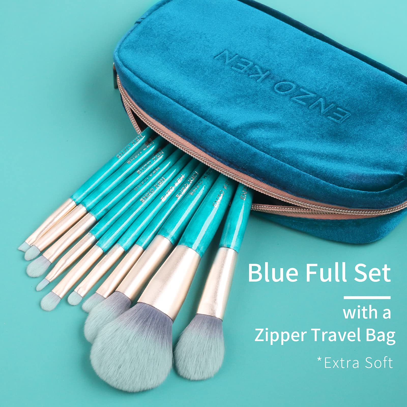 ENZO KEN Vegan Makeup Brush Set - 12 Piece Professional Blue Cosmetic Brushes with Wooden Case | Cruelty-Free & Eco-Friendly Makeup Tools for Foundation, Blush, Eyeshadow & Contouring | Perfect for Travel & Everyday Makeup