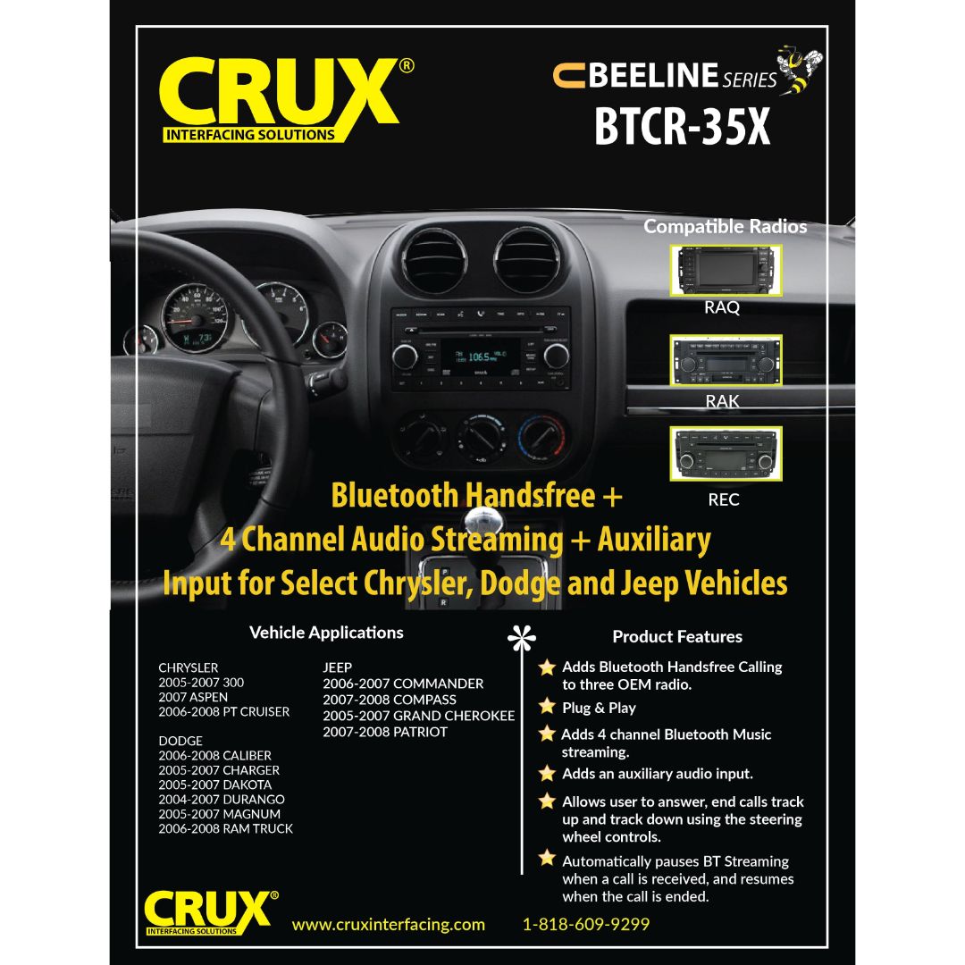 Crux BTCR 35X Bluetooth Car Kit - Compatible with Select Chrysler & Dodge Vehicles (2005-2008 Models) | Hands-Free Calling & Audio Streaming | Perfect for Commuting & Road Trips