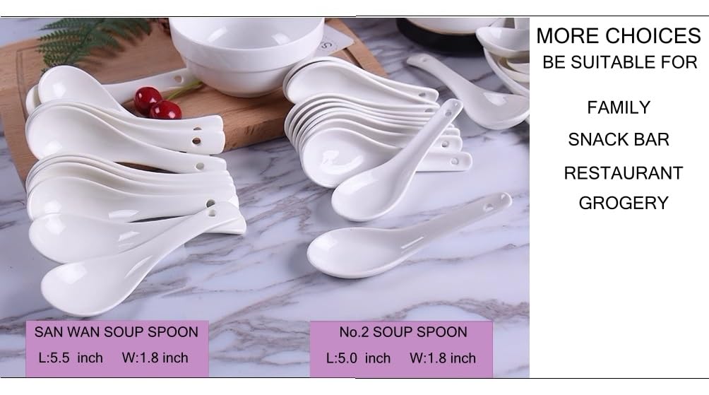 12-Pack 5.0 Inch Asian Soup Spoons - Ceramic Chinese & Japanese Style Soup Spoon Set for Pho, Miso, Wonton, Ramen, Dumplings - Perfect for Asian Noodles, Hot Soups, and Desserts Like Macarons (White)