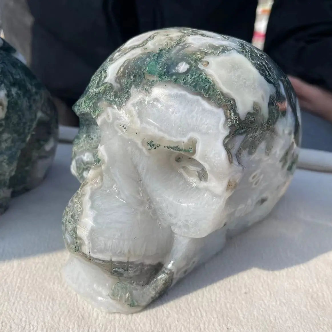 1PC Natural Moss Agate Quartz Skull - 2200-2400G Hand Carved Crystal Healing Stone for Meditation, Reiki & Home Decor - Unique Spiritual Gift & Feng Shui Decor