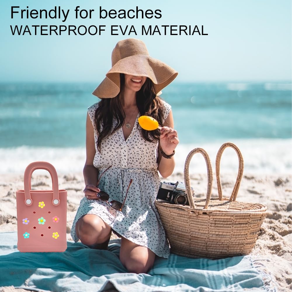 Mini Rubber Tote Bag 6.5x8.0x3.1 Inches - Small Waterproof Beach Bag with Cute Charms for Women & Girls (Purple) | Perfect for Pool, Beach, Gym & Shopping