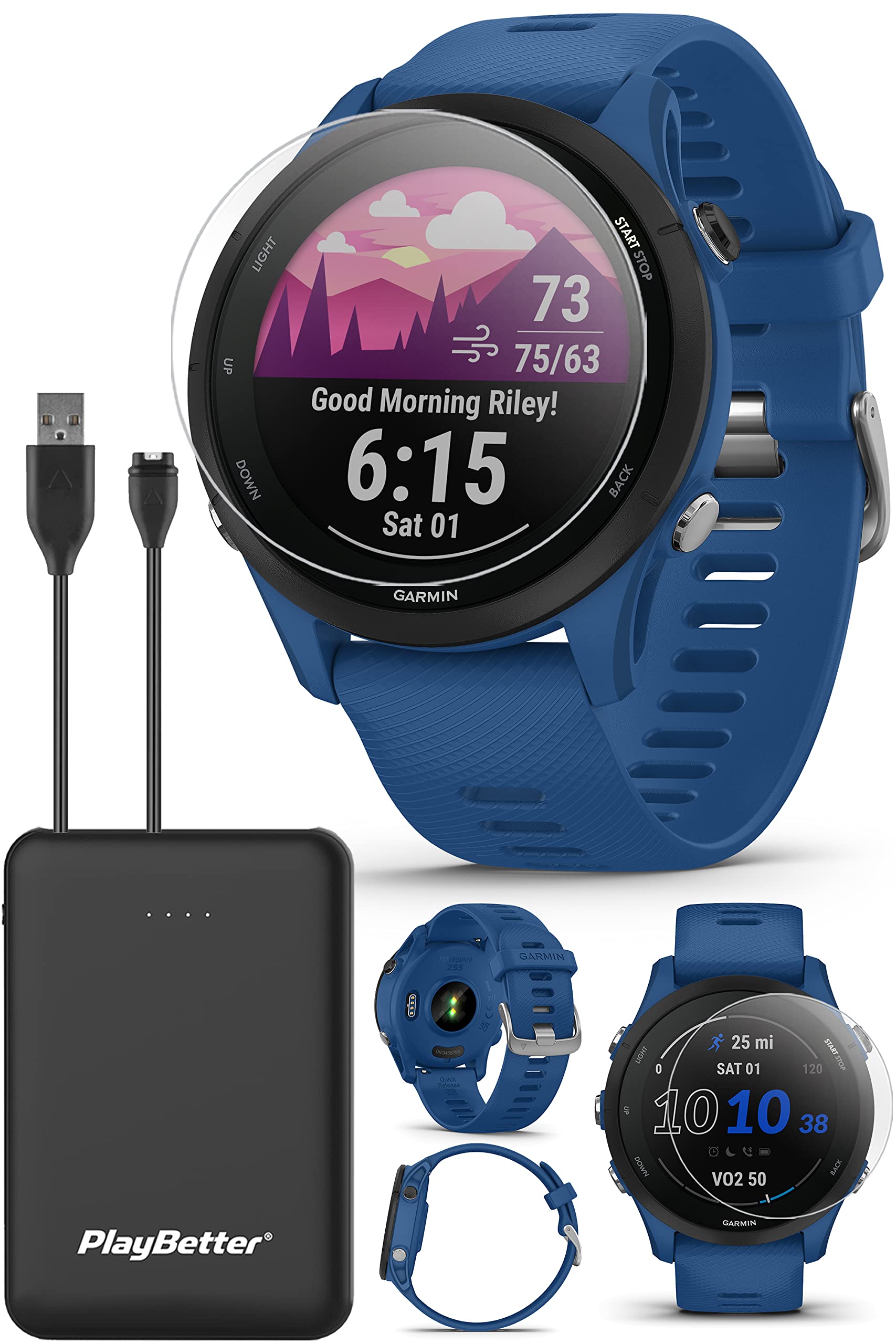 Garmin Forerunner 255 GPS Running Smartwatch (Tidal Blue) - VO2 Max, Race Predictor, Heart Rate & Recovery Tracker with Body Battery - Includes PlayBetter HD Screen Protectors & Portable Charger - Perfect for Marathon Training, Daily Fitness Tracking & Outdoor Activities