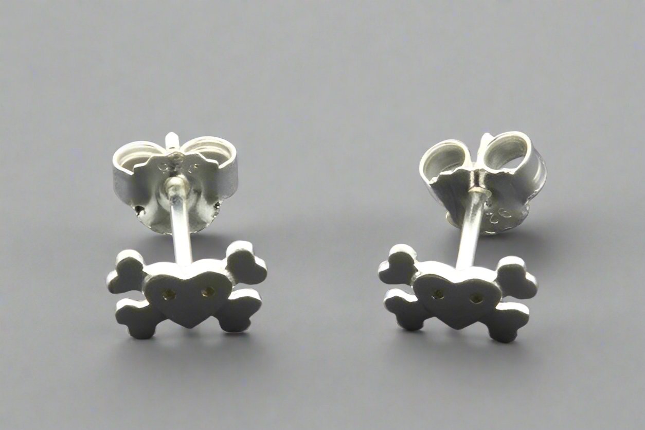 Sterling Silver Heart & Bones Stud Earrings - Gothic Punk Jewelry for Women, Perfect for Parties, Concerts, and Everyday Wear