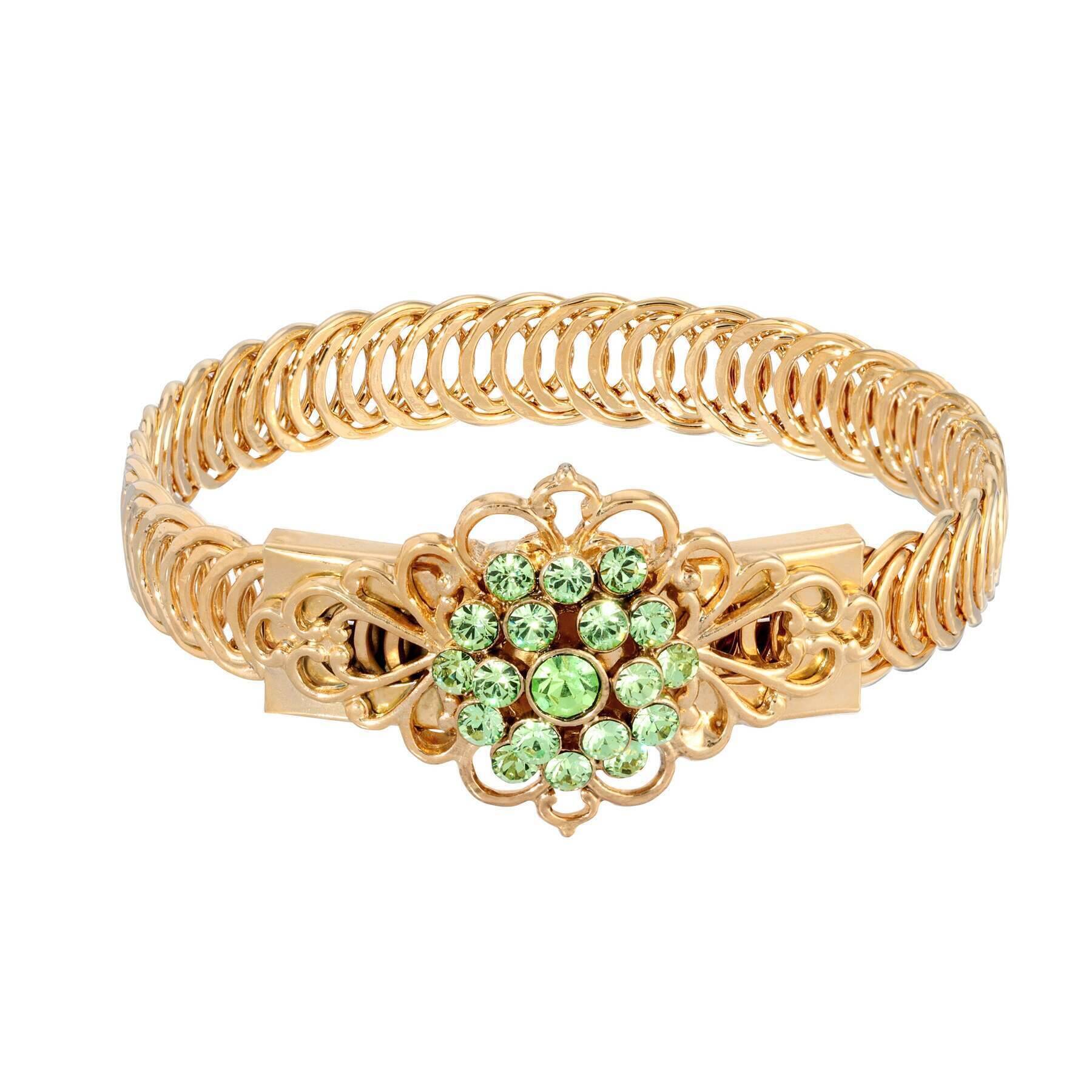 1928 Jewelry Gold Dipped Crystal Flower Overlay Belt Bracelet for Women - Vintage Style Adjustable Chain Bracelet - Perfect for Weddings, Parties & Special Occasions
