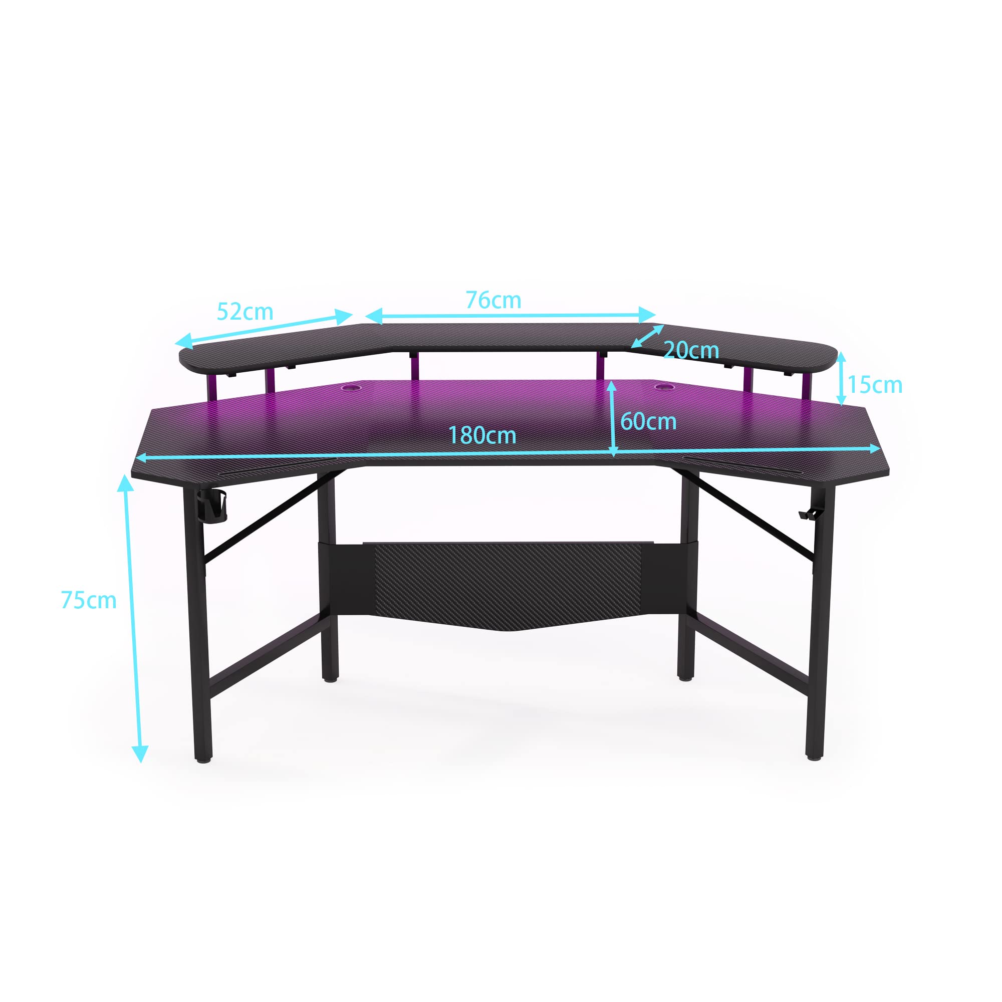 JoliJour 180 x 60 cm Ergonomic LED Gaming Desk with Cup Holder & Headphone Hook - Black Wing-Shaped Design with 2 Cable Management Grooves - Perfect for PC Gaming Setup, Streaming & Home Office Workspace