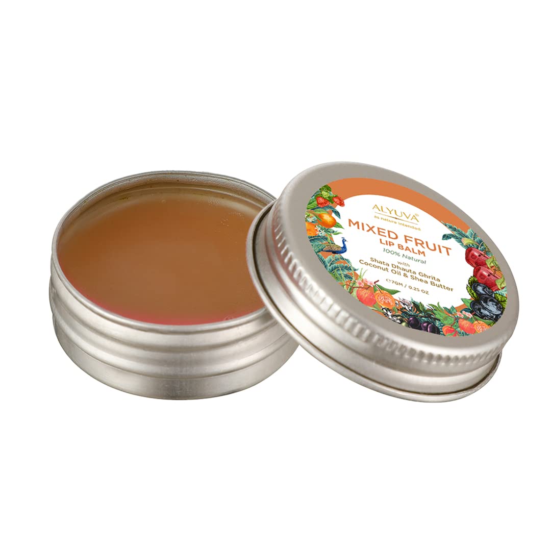 **Alyuva Combo Pack - 100% Natural Ghee Enriched Mixed Fruit & Peach Lip Balms (7g Each) for Dry, Chapped Lips - Perfect for Daily Moisturizing, Winter Care & On-the-Go Hydration**