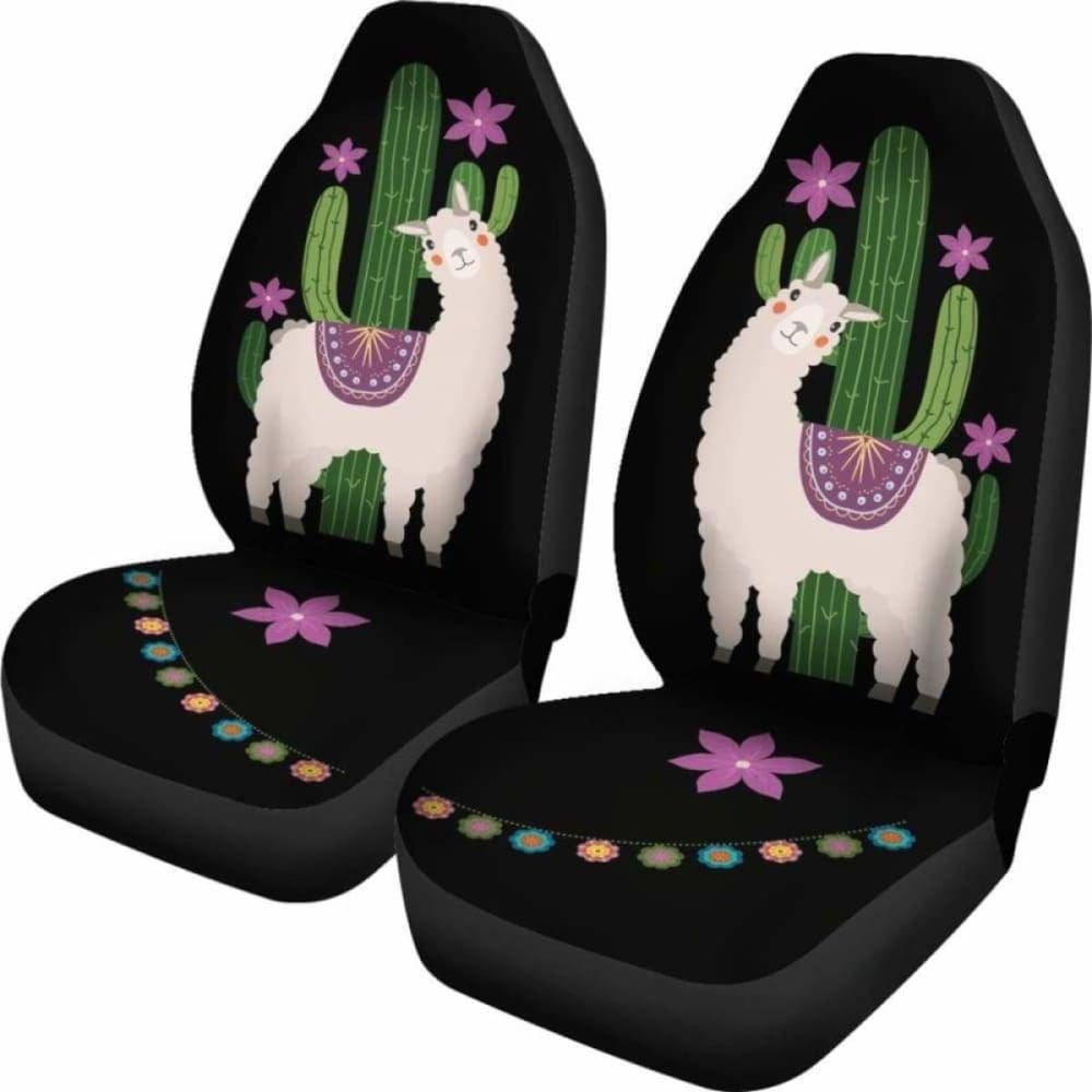 Alpaca Car Seat Covers - Bohemian Hippie Style with Cactus & Flower Desert Design in Purple & Black (102802) | Perfect for Road Trips & Hippie-Themed Vehicles