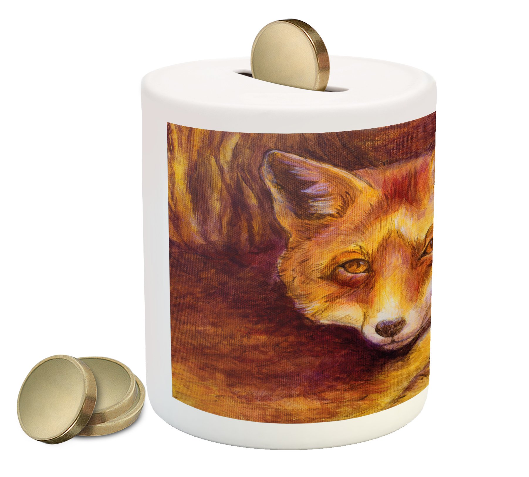 Ambesonne Fox Ceramic Piggy Bank - Hand-Painted Animal Art Money Box for Cash Savings, Yellow Orange & Burnt Sienna | Unique Gift for Kids, Home Decor & Coin Collection