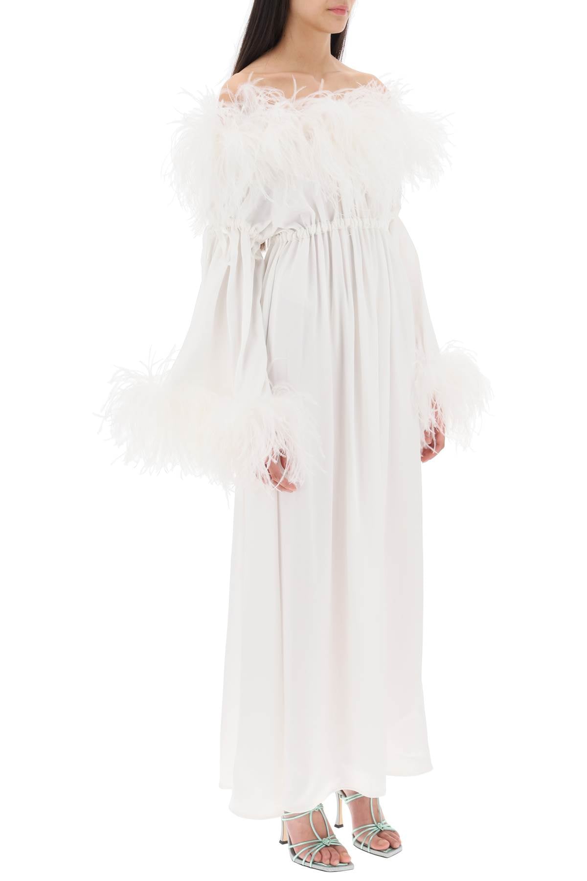 Bettina Maxi Dress - Elegant Satin Evening Gown with Feather Trim | Perfect for Weddings, Galas & Special Occasions