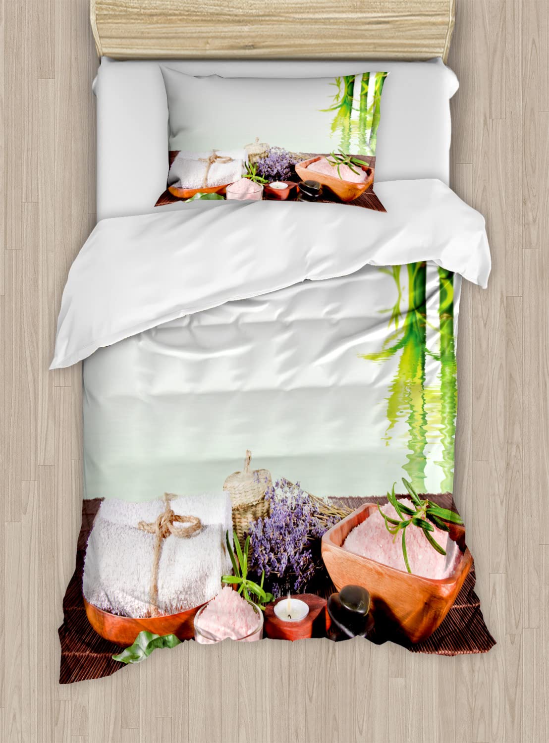 Ambesonne Spa Themed Duvet Cover Set - Tree Design with Towel Flowers, Candles & Massage Stones - 2 Pack California King Size (White, Brown, Green) - Includes 2 Duvet Covers & 4 Pillowcases - Perfect for Relaxing Bedroom Retreat & Spa-Inspired Home Decor