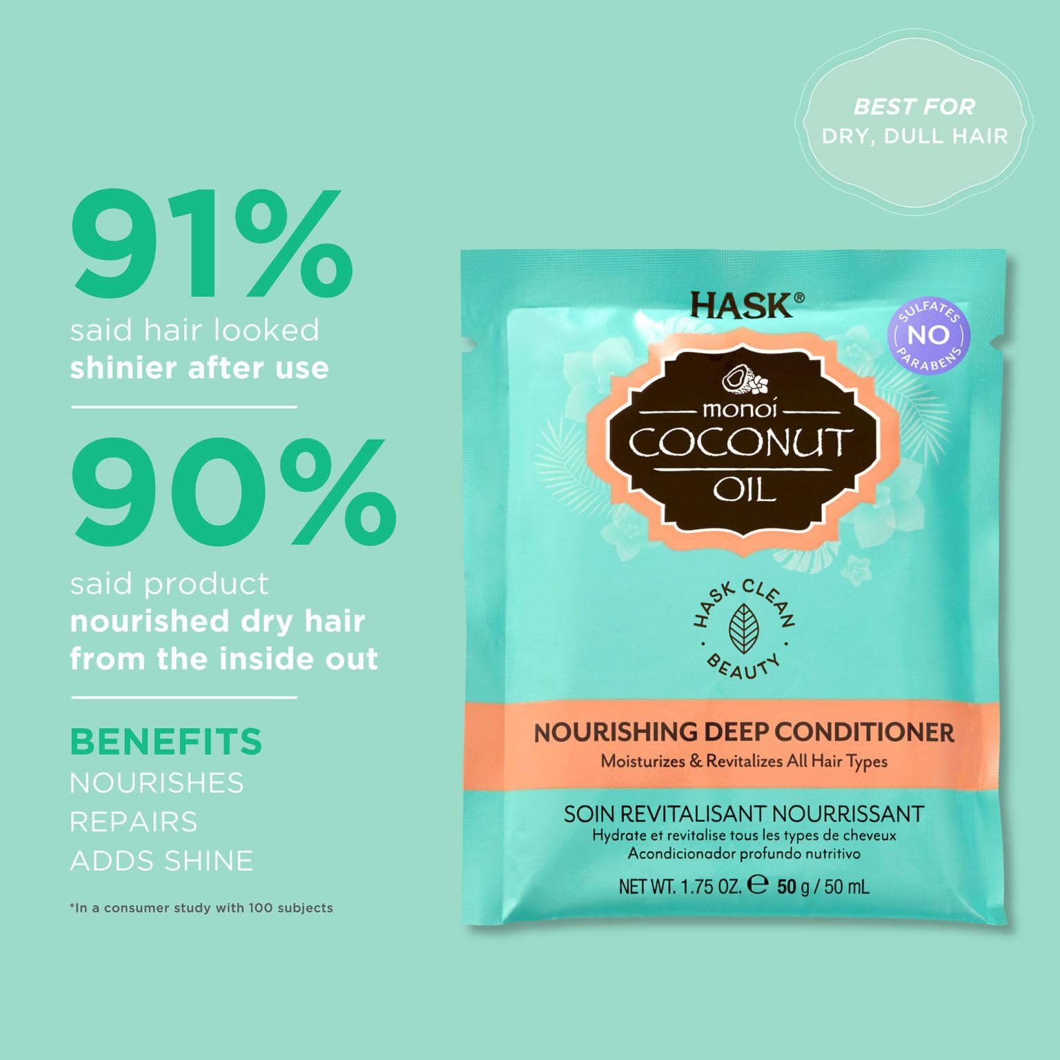 HASK Monoi Coconut Oil Deep Conditioner for Dry, Frizzy Hair - 50ml | Sulfate Free, Paraben Free Hair Treatment | Hydrating & Nourishing for Smooth, Shiny Hair | Perfect for Damaged Hair Repair & Daily Moisturizing