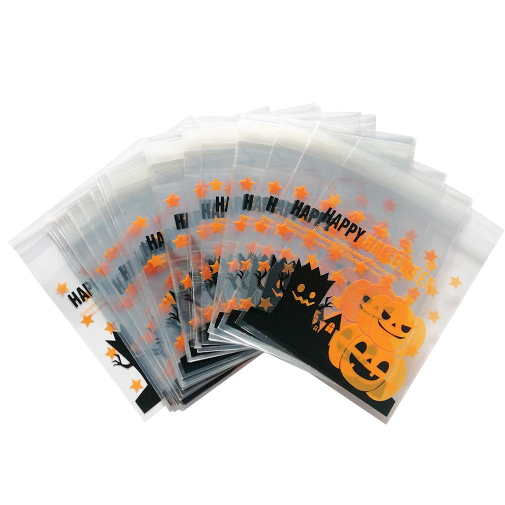 COHEALI 100pcs Clear Halloween Cellophane Treat Bags - Self-Adhesive Plastic Candy Bags for Baking, Party Favors & Gift Wrapping - Food Safe Cookie Bags for Halloween, Christmas & Birthday Celebrations