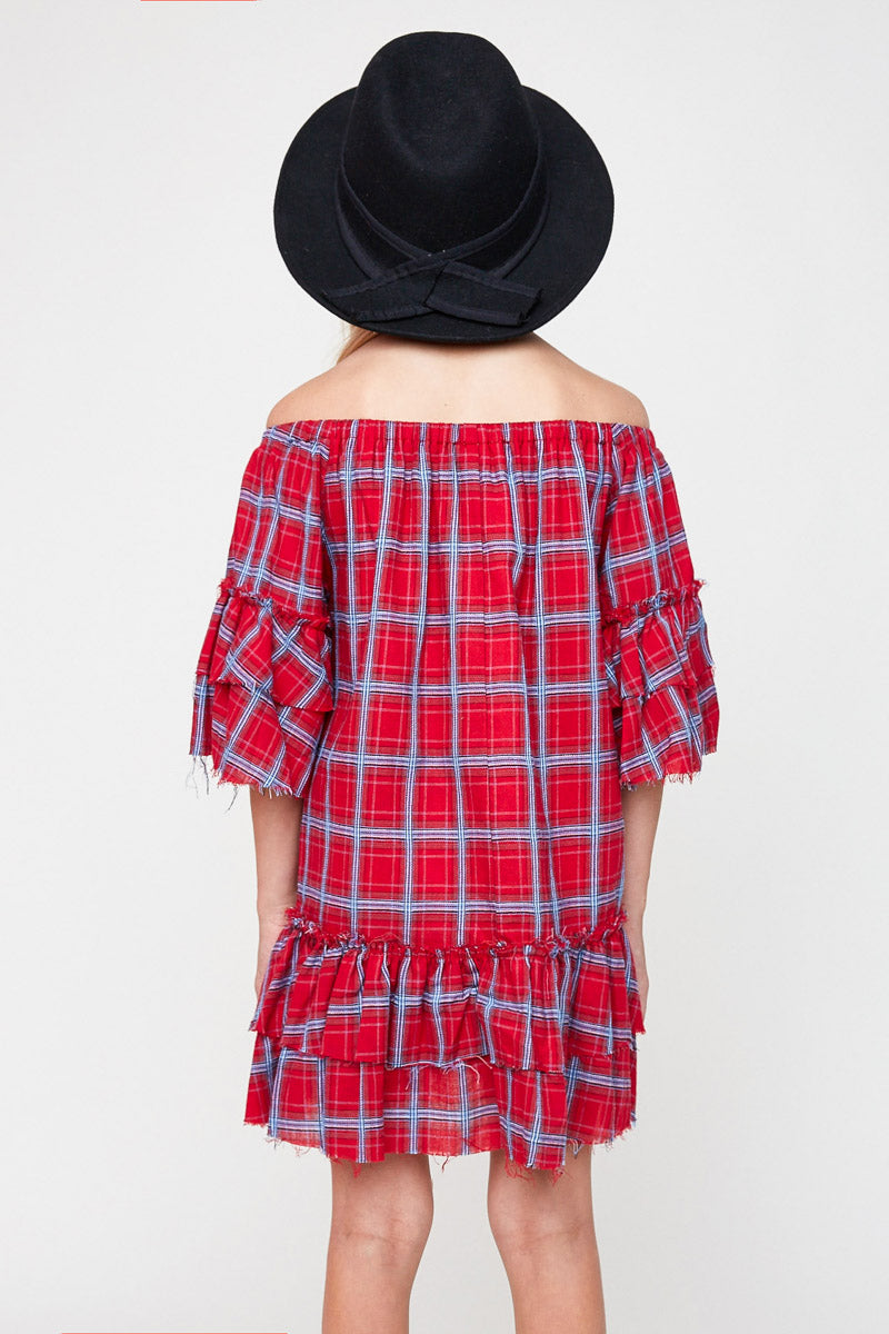 Off Shoulder Plaid Ruffle Dress for Women - Floral Print Summer Party Dress with Elastic Waist | Perfect for Weddings, Dates, and Beach Vacations