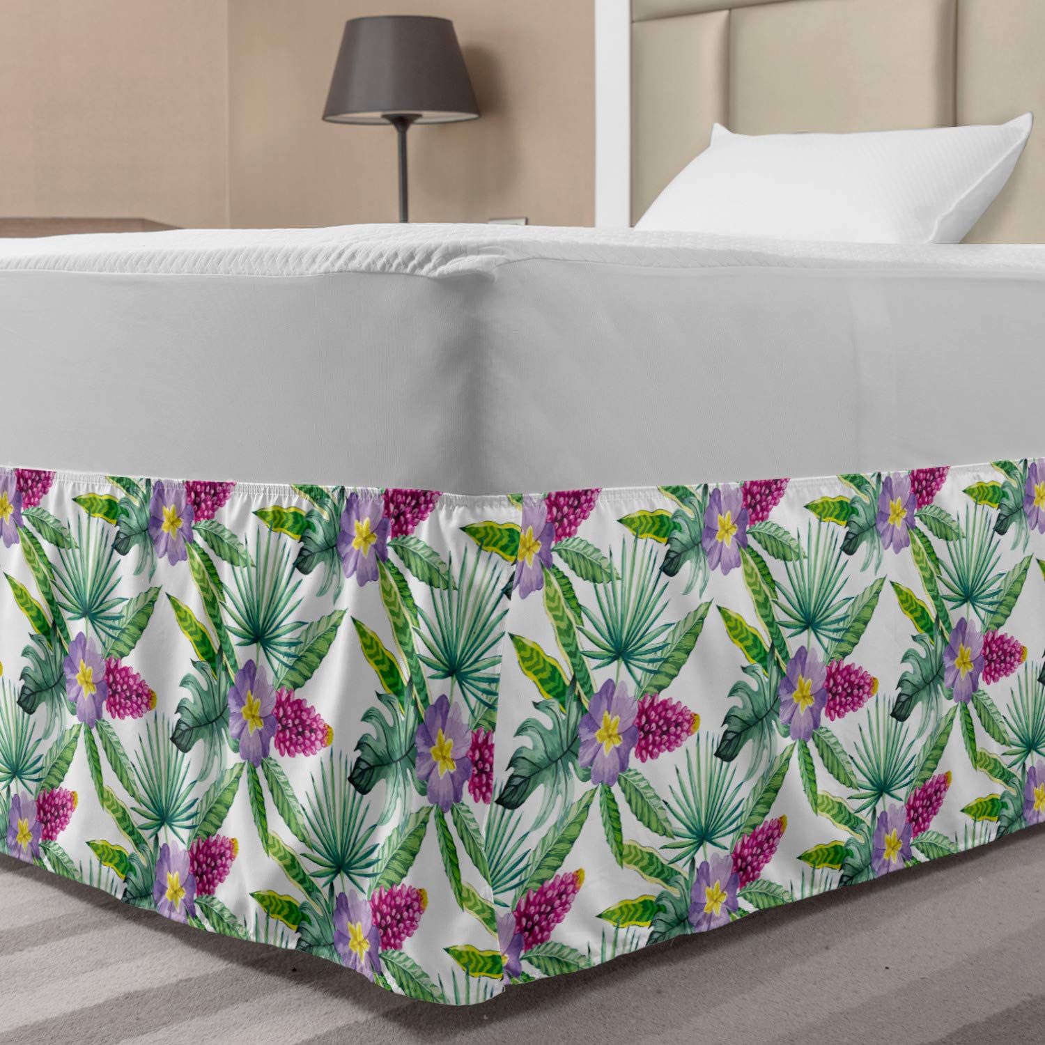 Ambesonne Watercolor Elastic Bed Skirt - Tropical Flowers & Leaves Print, Wrap Around Dust Ruffle for Twin/Twin XL Beds, Multicolor | Perfect for Beach House, Boho & Tropical Bedroom Decor