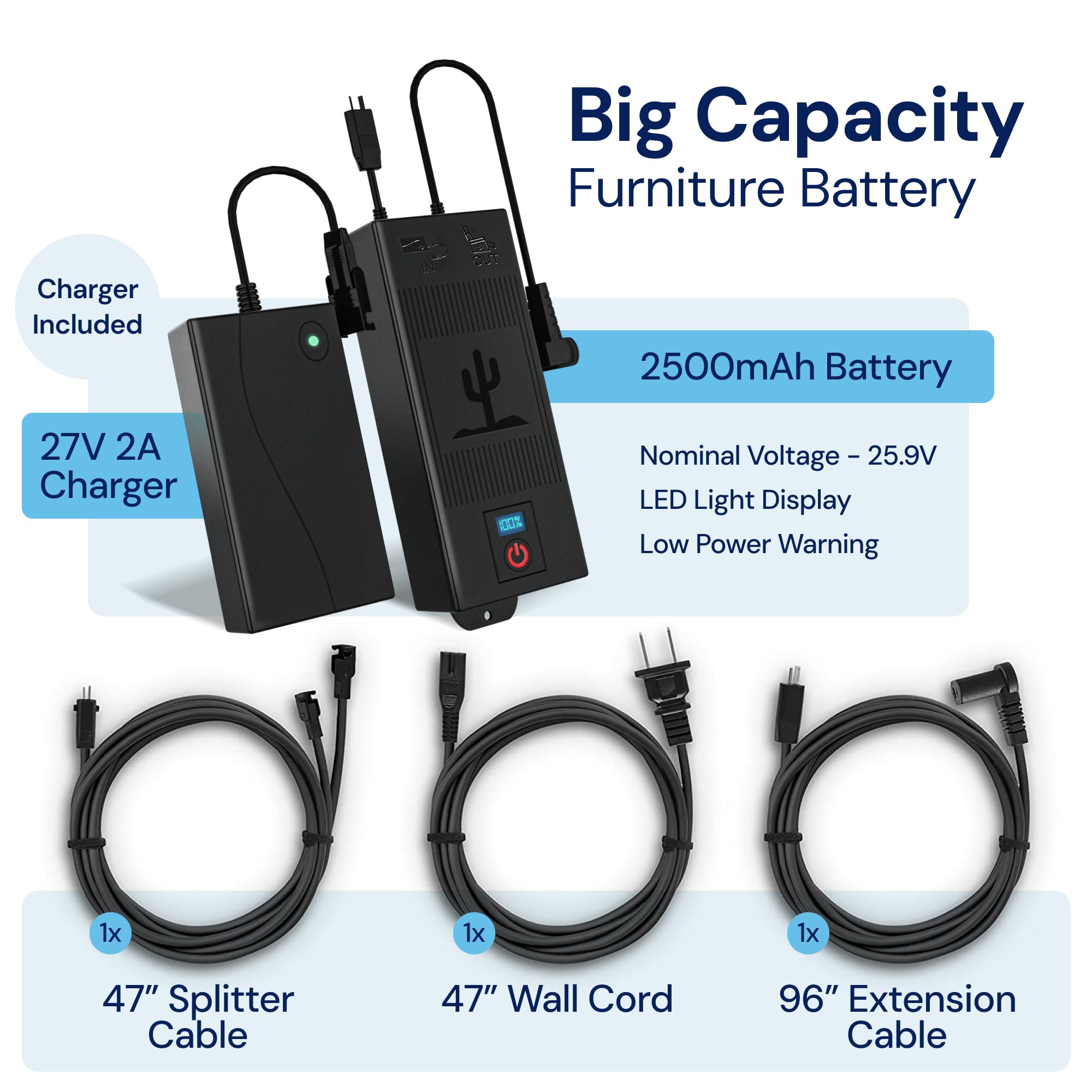 Universal Recliner Battery Pack - 2500mAh Wireless Rechargeable Power Supply for Electric Recliners, Power Sofas & Lift Chairs - LCD Display - Compatible with 2-Pin Motion Furniture - Perfect for Home Theater, Living Room & Bedroom Relaxation