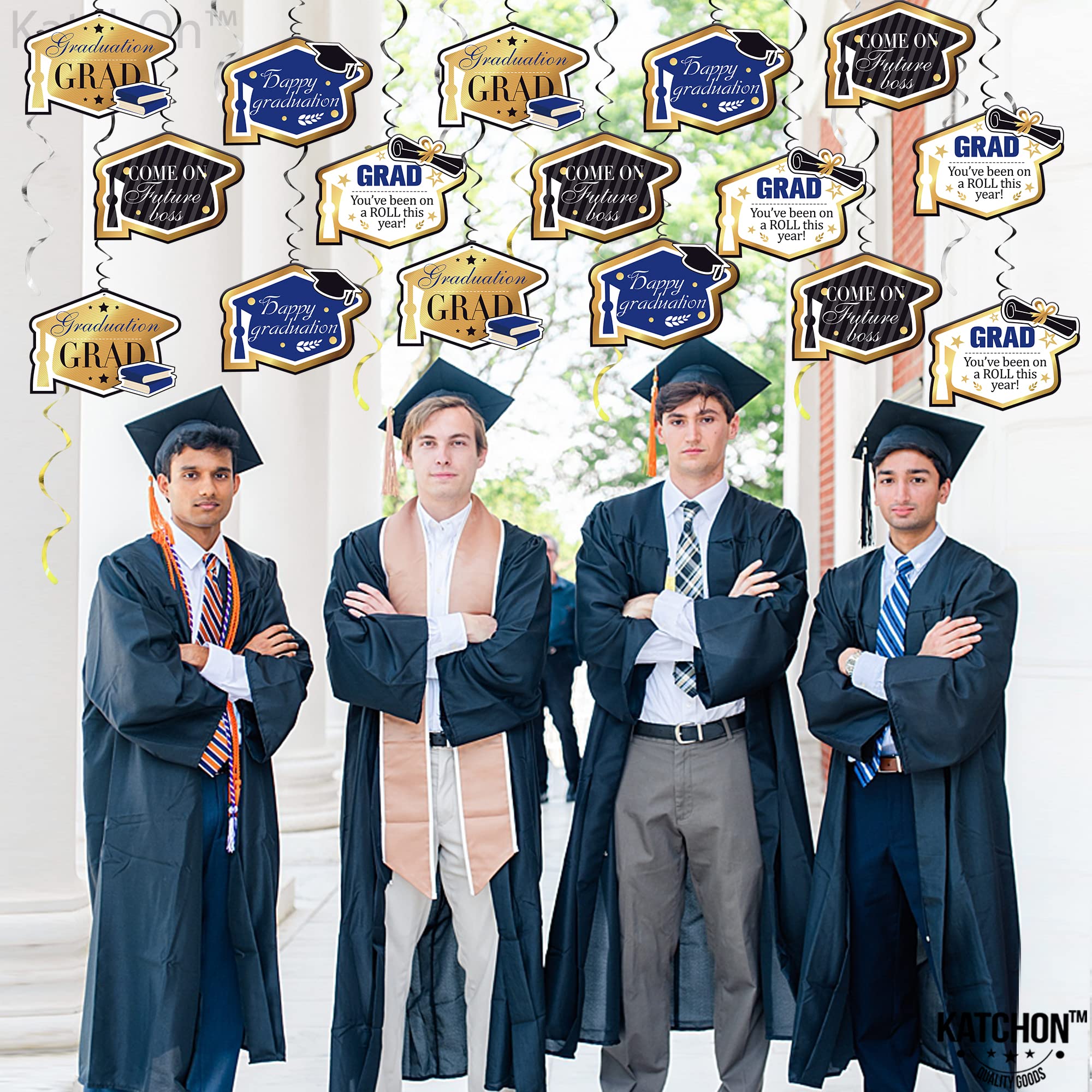 KatchOn Graduation Hanging Swirl Decorations - 46-Pack Blue & Gold 2025 Graduation Party Supplies | No DIY Required | Perfect for Graduation Ceremonies, Parties & Photo Backdrops
