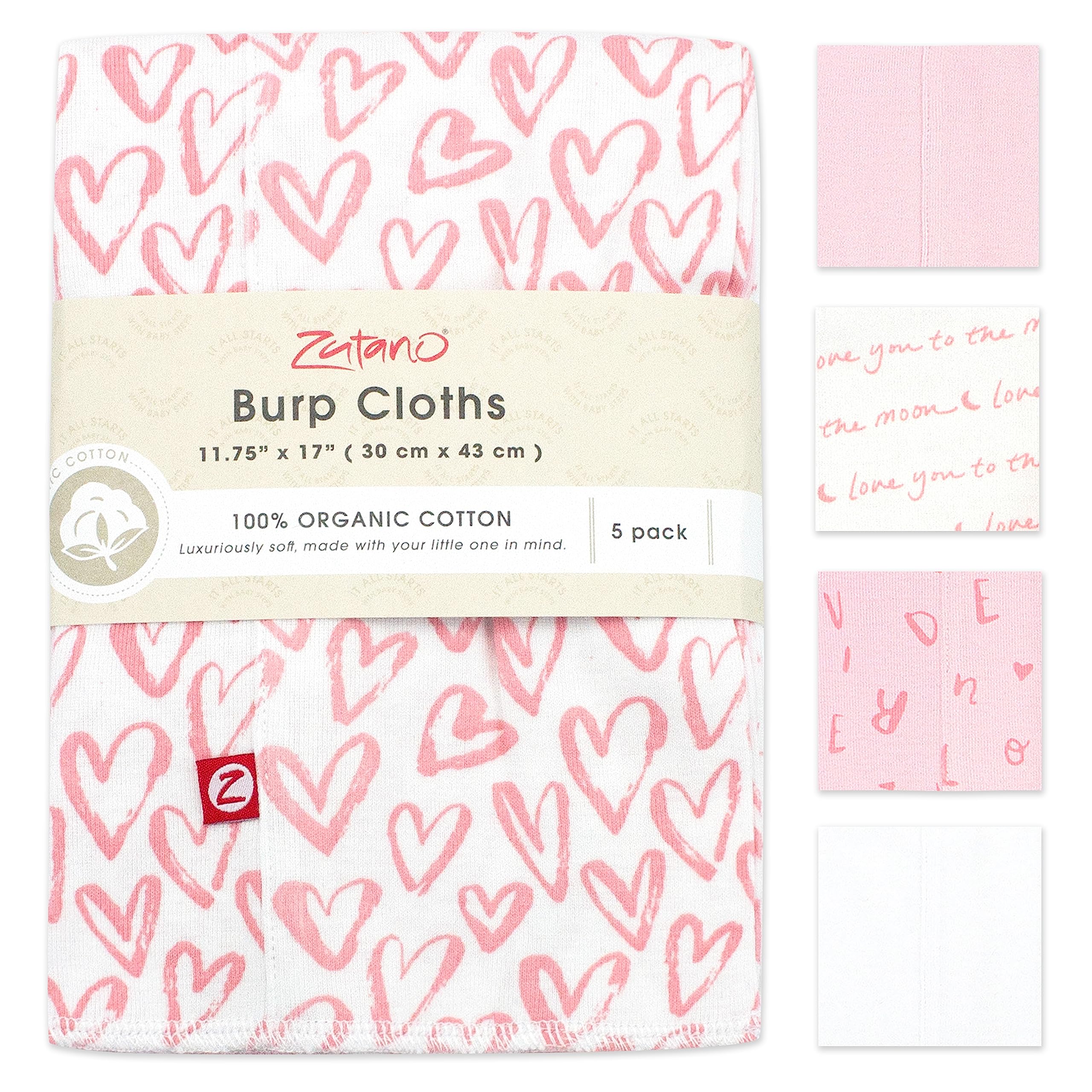 Zutano 5-Pack Organic Baby Burp Cloths - Large Soft Cotton Spit-Up Rags for Newborns & Infants | Ultra Absorbent Unisex Burping Clothes | Essential Baby Shower Gift (Pink Hearts) - Perfect for Feeding, Diaper Bag & Nursery Use