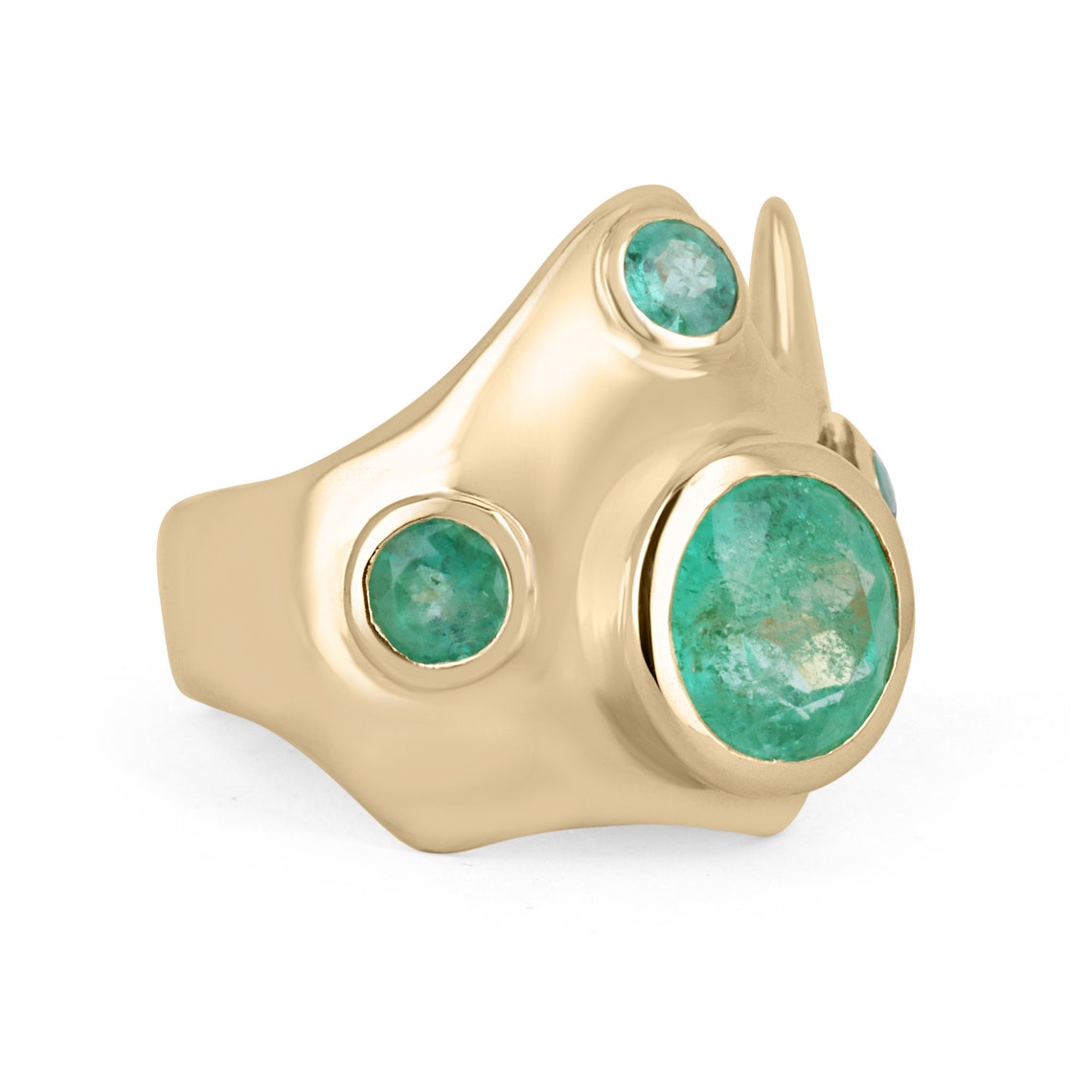 3.59tcw Colombian Emerald Round Cut Chunky Bezel Set 14K Yellow Gold Ring for Women | Vintage Inspired Jewelry Gift for Anniversary, Engagement & Special Occasions