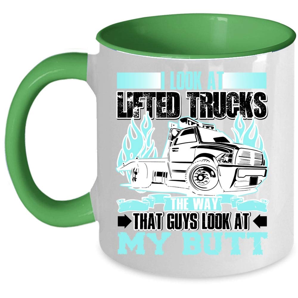 Premium Green Accent Trucker Coffee Mug - Funny 'I Look At Lifted Trucks' Design - Durable Ceramic Travel Mug for Truck Enthusiasts, Office Use & Road Trips