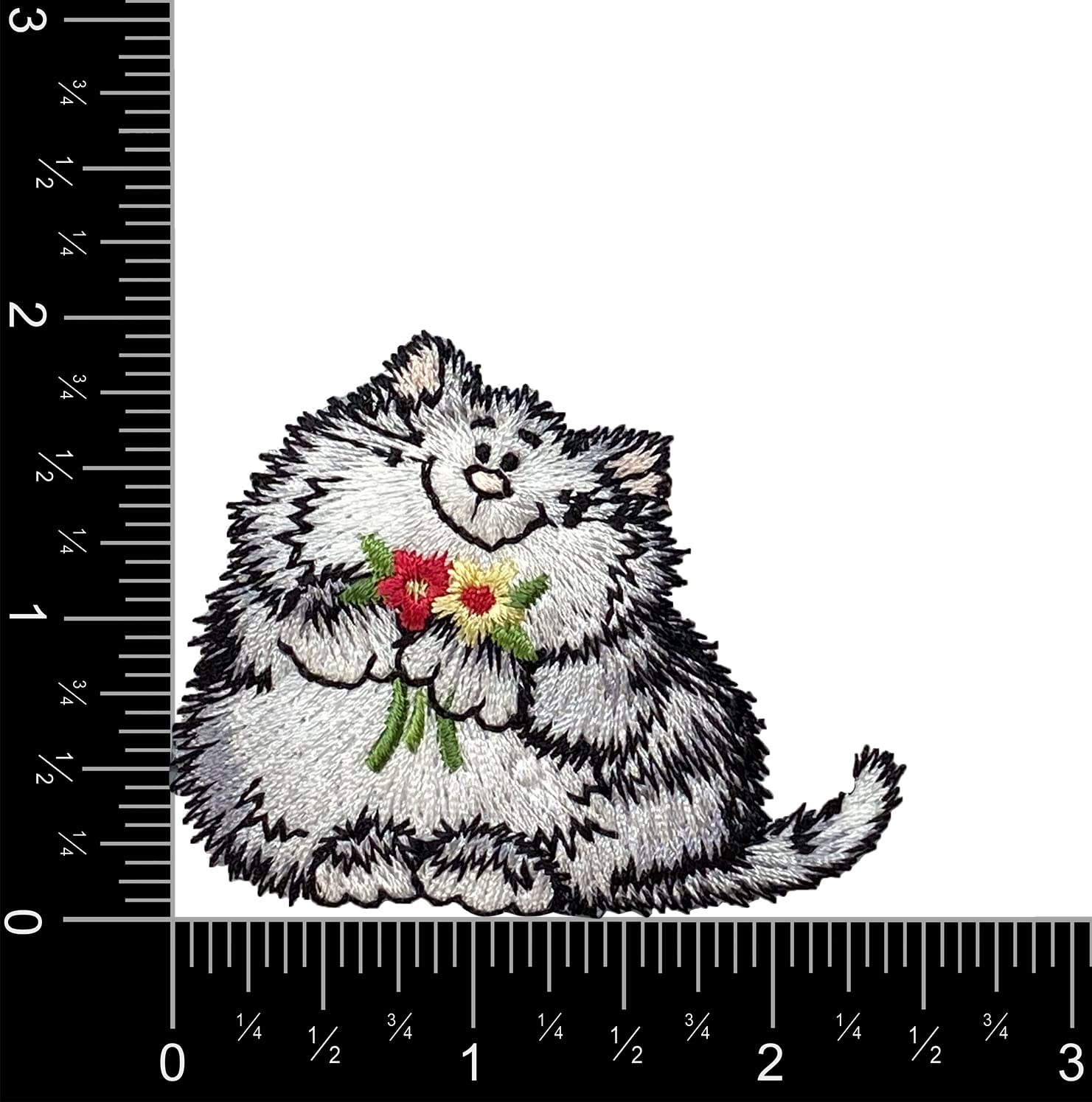 Gray Kitty Cat Embroidered Iron On Patch with Red & Yellow Flowers - Perfect for Pet Lovers, DIY Clothing, Jackets, Backpacks & Costume Decoration