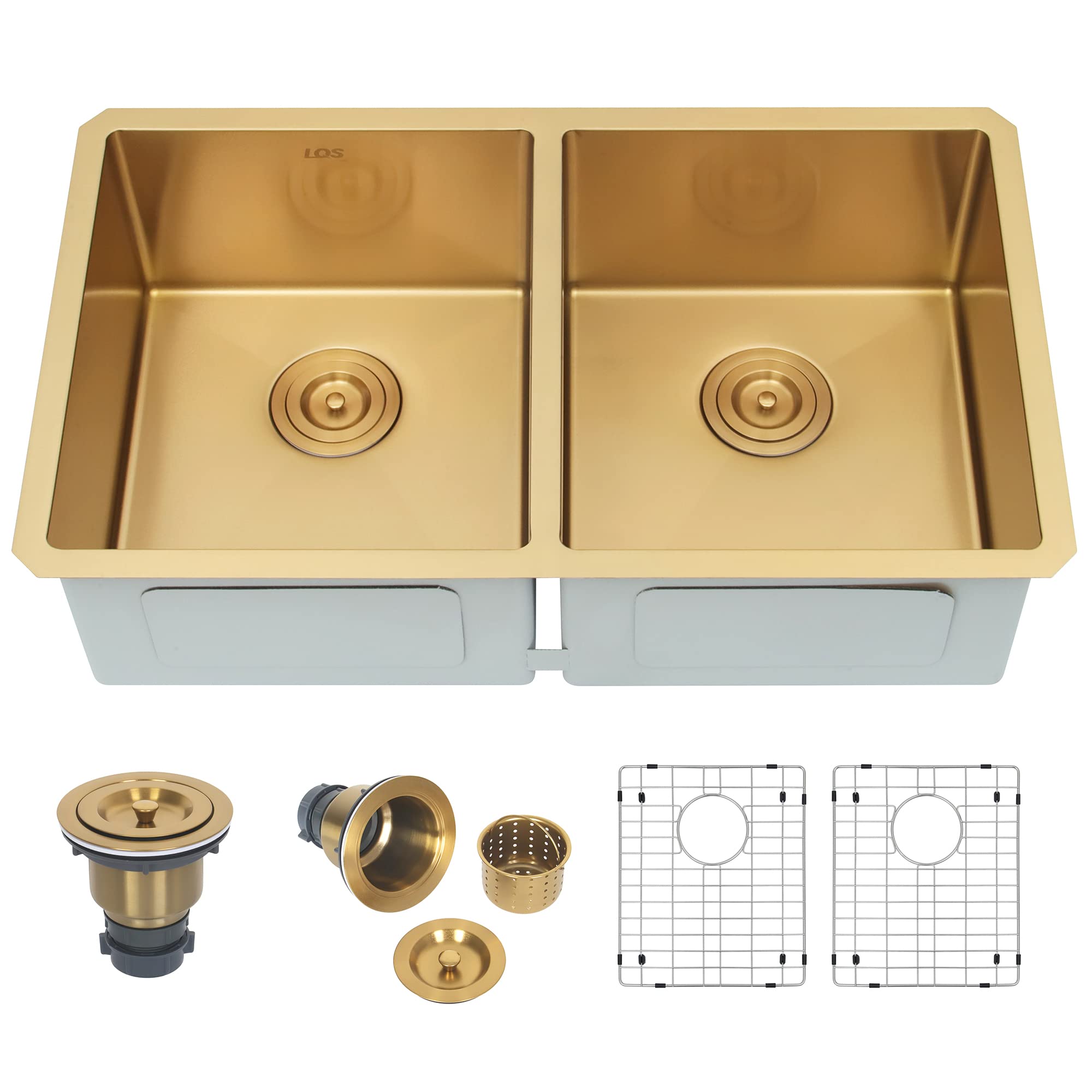 LQS 31 Inch Undermount Double Bowl Stainless Steel Kitchen Sink with Accessories - Gold Finish for Modern Farmhouse & Luxury Home Kitchen Renovation