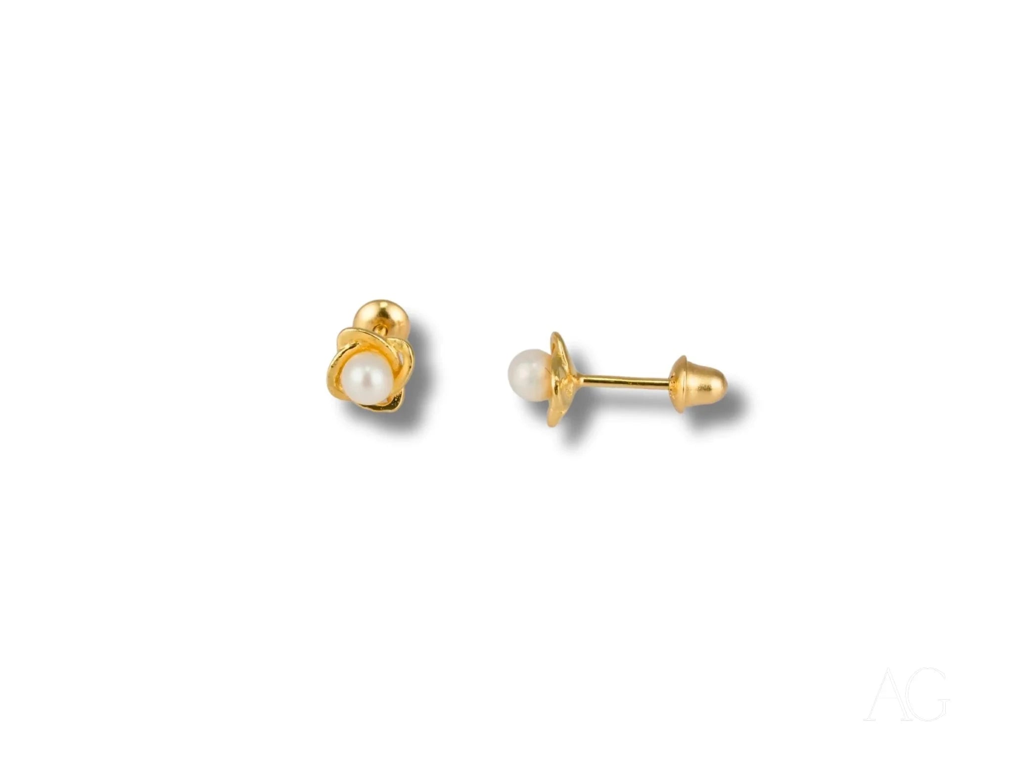 18K Gold Pearl Earrings for Women - Elegant Petite Blossom Design - Perfect for Weddings, Parties & Special Occasions