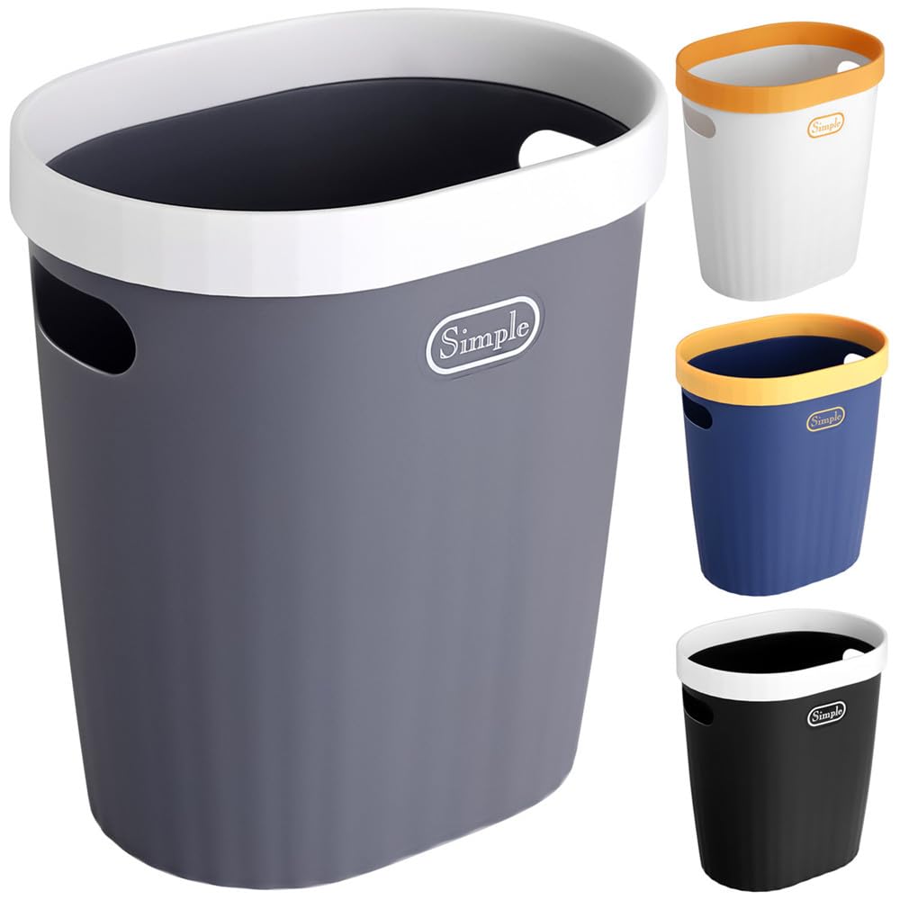 Slim Plastic Trash Can with Handle & Press Ring - Narrow Waste Basket for Bathroom, Bedroom, Kitchen & Office - Space-Saving Garbage Bin for Small Spaces, Under Sink, Vanity or Cabinet (Gray)