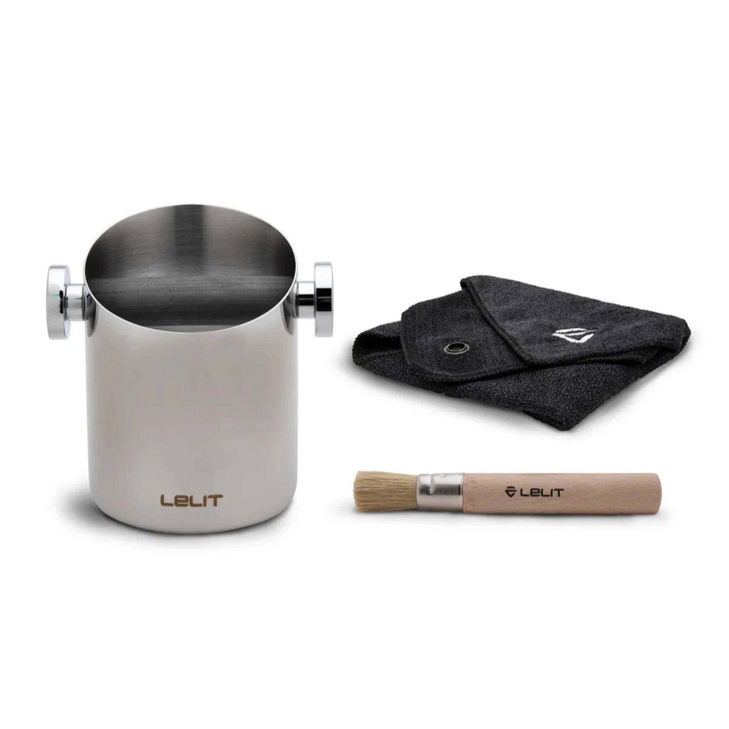Lelit Professional Knock Box with Cloth & Brush for Espresso Grounds - Perfect for Coffee Shops & Home Baristas (Black)
