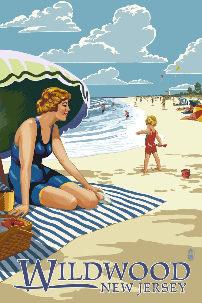 Wildwood New Jersey Beach Woman Wall Art - 24x36 Gallery Quality Metal Print, Aluminum Decor for Living Room, Bedroom & Office