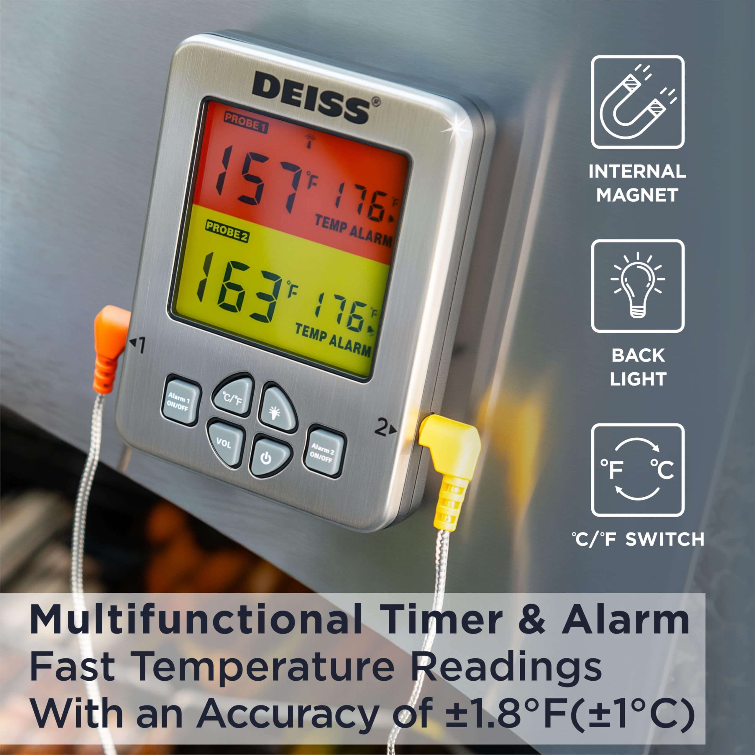 Deiss PRO Bluetooth Meat Thermometer Wireless – Digital Cooking Thermometer with Dual Probes for BBQ, Smoker, Grill & Oven | Wireless Food Thermometer for Perfect Steak, Turkey, Chicken & Baking | Ideal for Home Kitchen, Outdoor Cooking & Professional Chefs