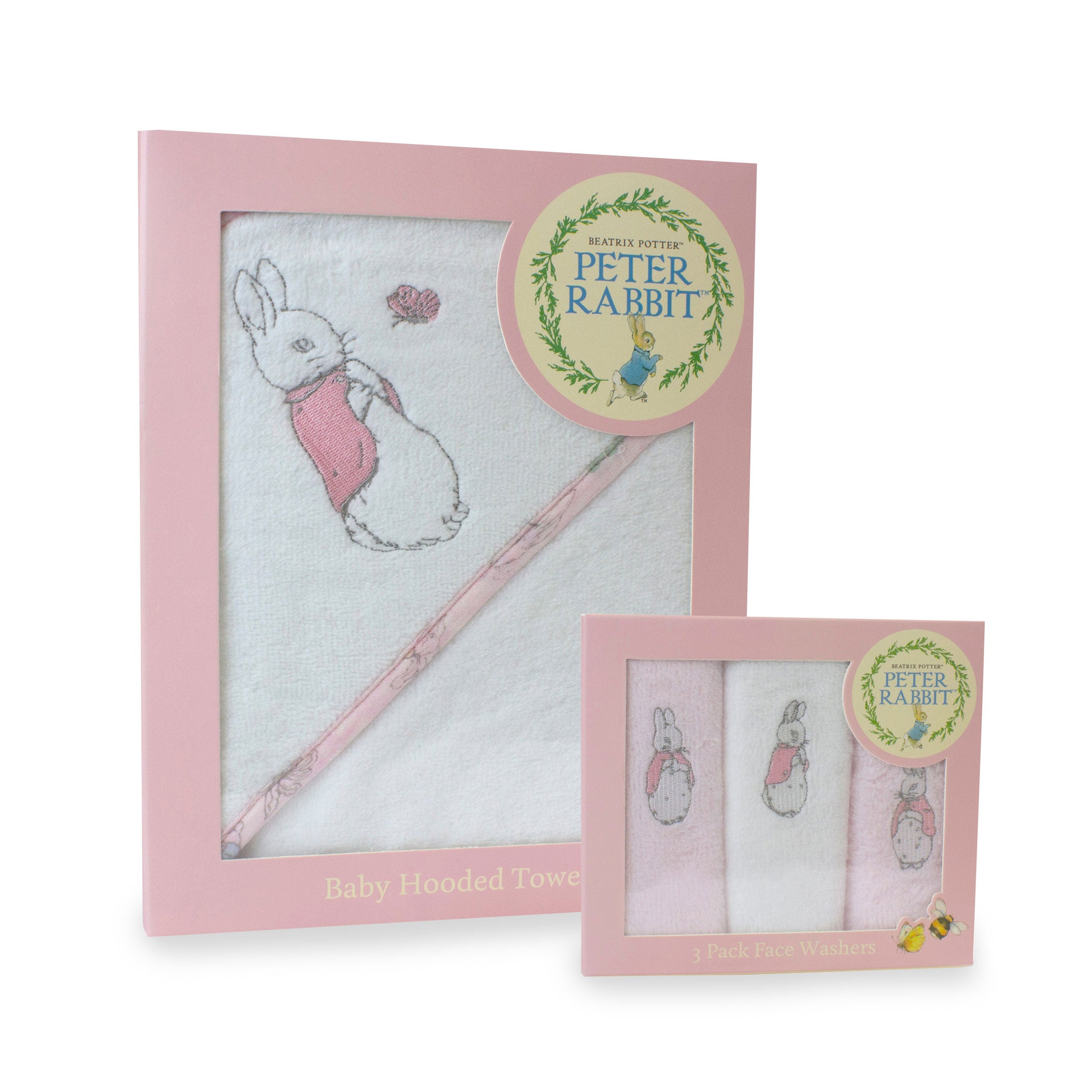 Peter Rabbit 'Hop Little Rabbit' Hooded Towel & Face Washers Set - Soft Baby Bath Towel with Cute Bunny Hood for Newborn & Toddler - Perfect for Bath Time, Baby Shower Gift & Nursery Essentials (Pink)
