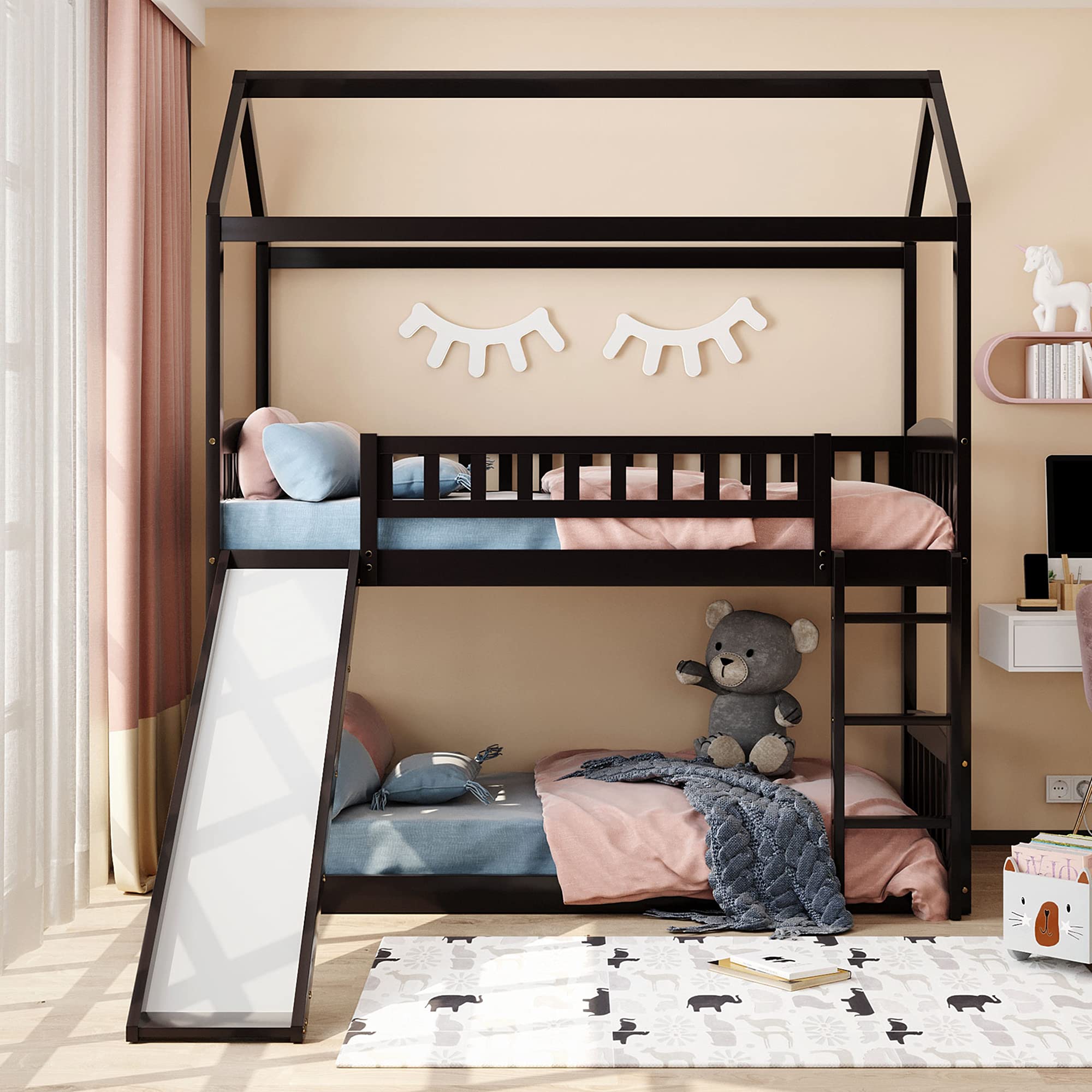 Twin Over Twin Bunk Bed with Slide - Kids House Bed Frame in Espresso | Space-Saving Loft Bed for Small Rooms, Fun Sleep Solution for Siblings or Sleepovers
