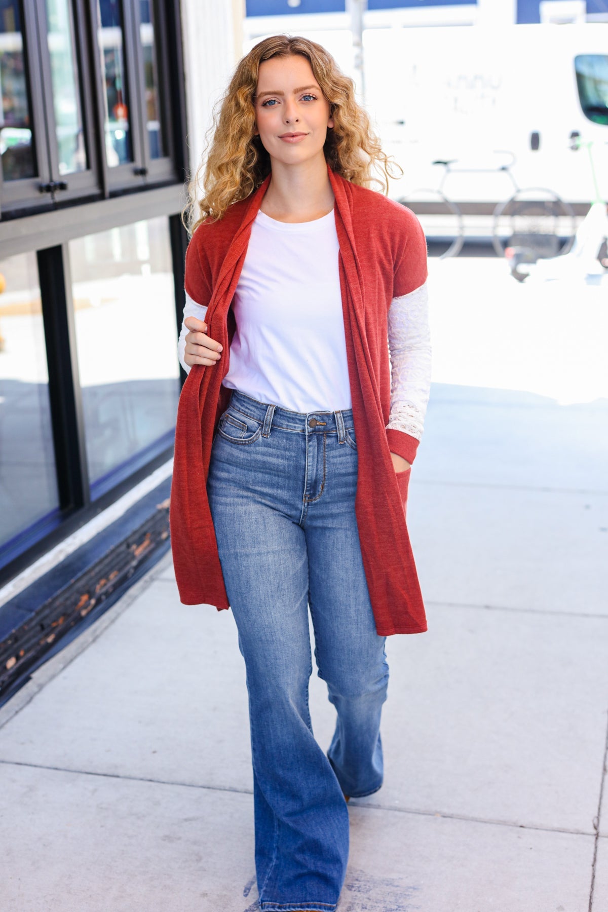 Stylish Rust Lace Sleeve Hacci Cardigan with Front Pocket - Perfect for Casual Days, Coffee Dates & Fall Layering