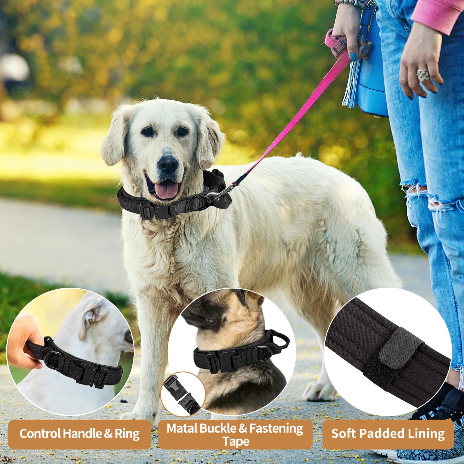 Tactical Dog Collar - Heavy Duty Adjustable Military Grade Nylon Dog Collar with Metal Buckle & Control Handle for Small Medium Large Dogs - Perfect for Training, Outdoor Adventures & Security Work (Black, Size L)