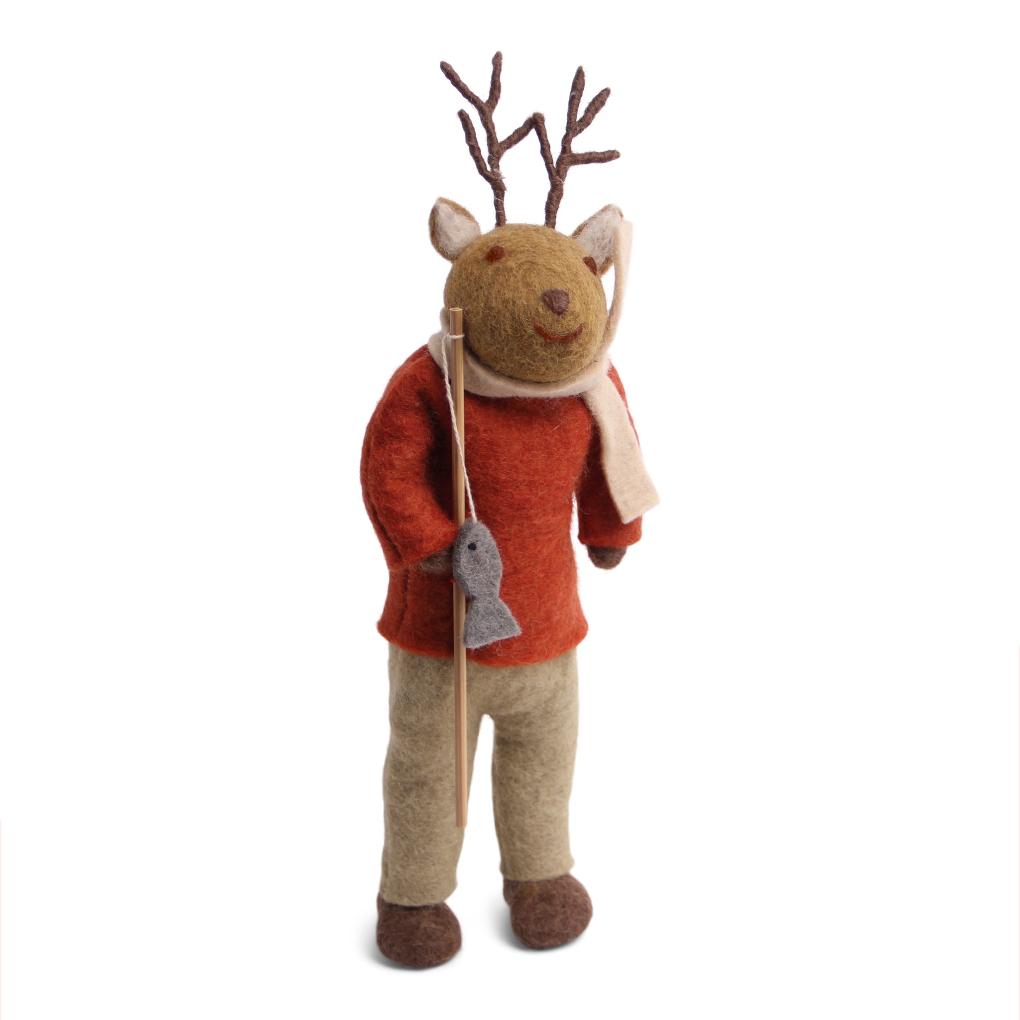 Large Brown Christmas Reindeer Figurine with Fishing Pole - Perfect for Holiday Decor, Gift Giving & Festive Home Display