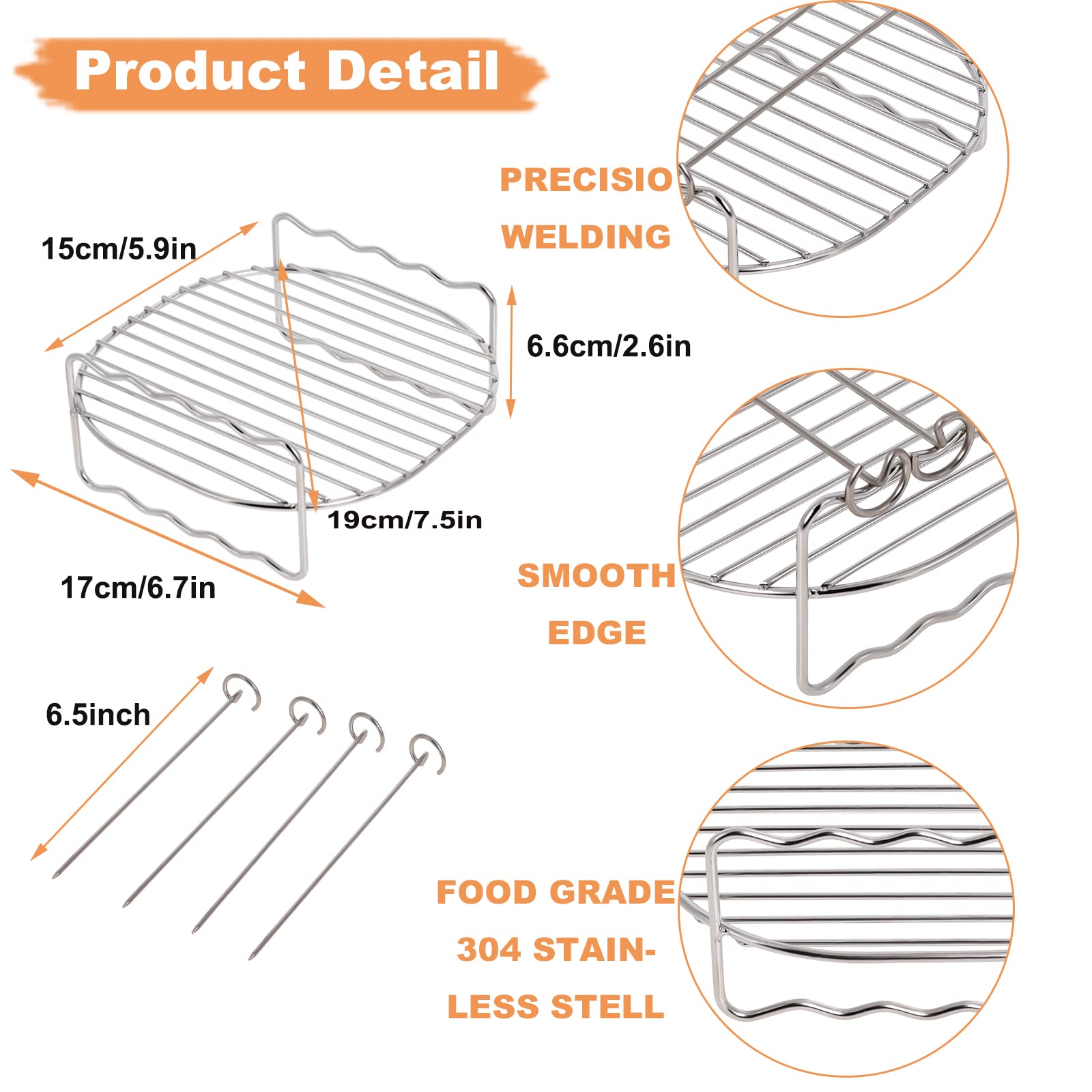 Universal Air Fryer Rack - 304 Stainless Steel Double Layer with 4 Skewers - Compatible with Tefal 4.2L, Cosori 3.5L/3.8L, Salter 4.5L, Tower 4L, Ninja 3.8L & Philips 4.1L Air Fryers - Perfect for Cooking Chicken Wings, Kebabs and Vegetables
