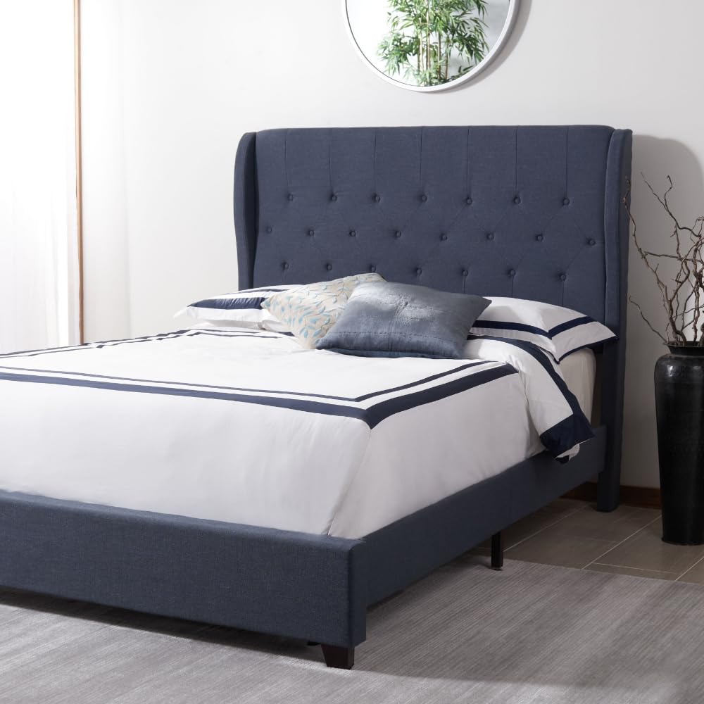 SAFAVIEH Blanchett Navy & Espresso Full Size Bed Frame - Modern Platform Bed with Upholstered Headboard - Perfect for Bedroom, Guest Room & Dorm Decor