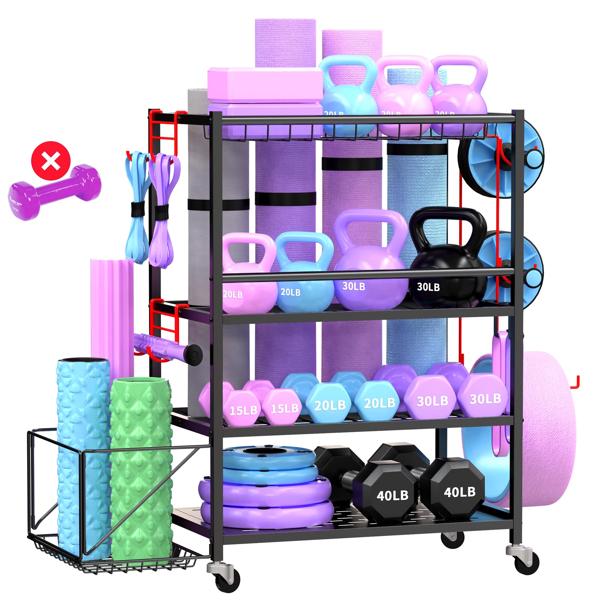 Heavy Duty Dumbbell Rack - 650LBS Capacity Metal Weight Stand for Home Gym with Lockable Wheels & Adjustable Hooks - Perfect for Storing Dumbbells, Kettlebells, Yoga Mats, Foam Rollers & Resistance Bands - Ideal for Home Workouts, Garage Gyms & Fitness Studios