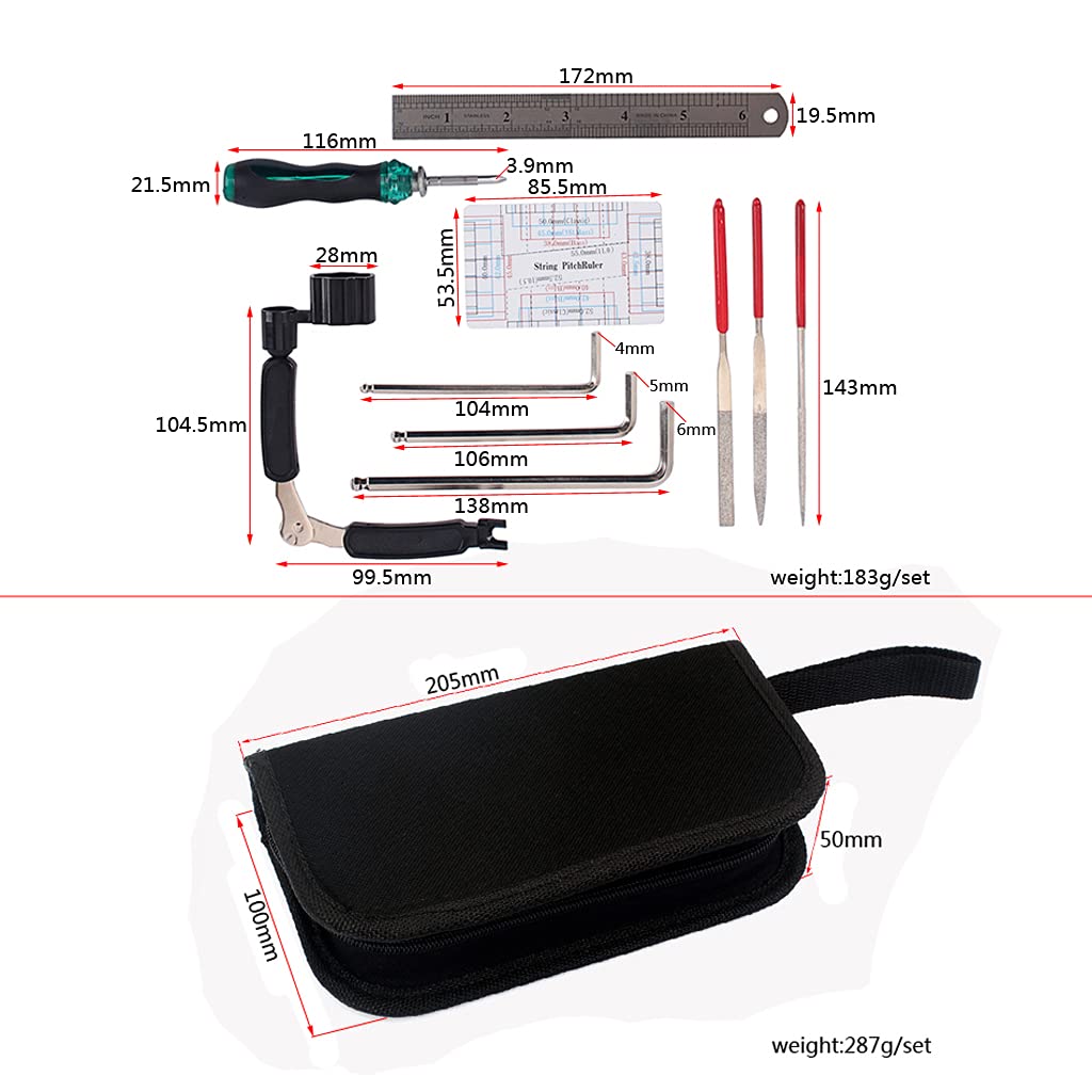 Electric Guitar Repair & Maintenance Tool Kit - String Organizer, Action Ruler, Gauge, Hex Wrench Set & File for Guitar, Ukulele, Bass, Mandolin, Banjo | Professional Instrument Care & Setup Tools for Musicians