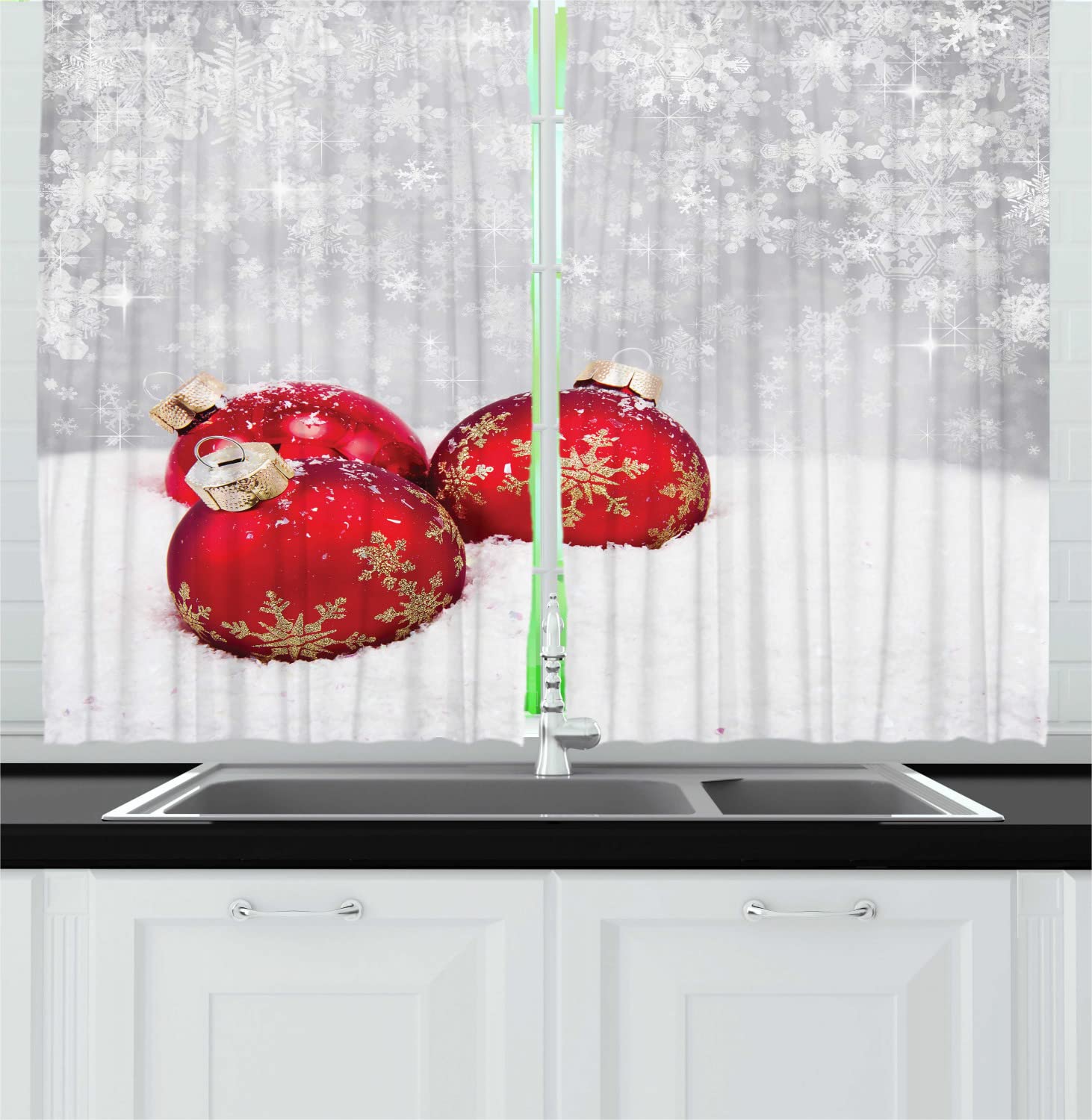 Ambesonne Christmas Kitchen Curtains - Red and White Holiday Snowflakes & Baubles Design, 55