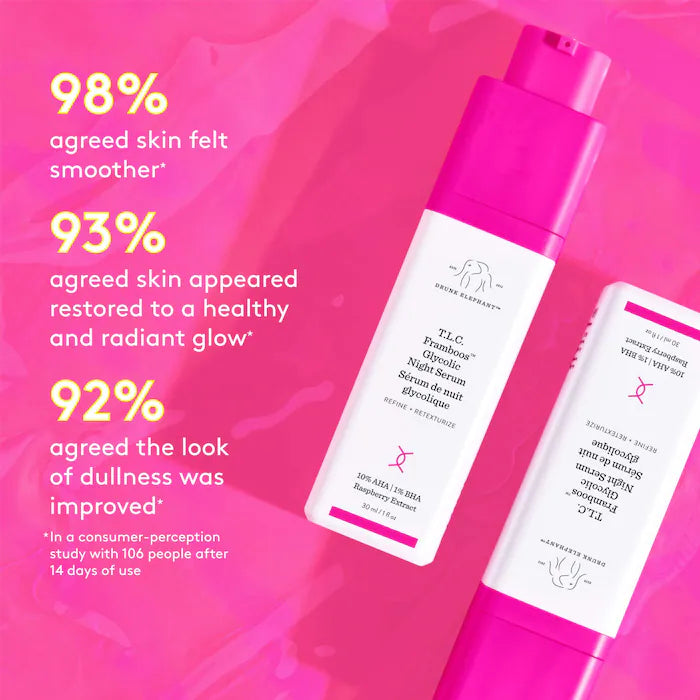 Drunk Elephant T.L.C. Framboos Glycolic Night Serum - Exfoliating & Rejuvenating Face Treatment for Glowing Skin | Perfect for Nighttime Skincare Routine & Anti-Aging