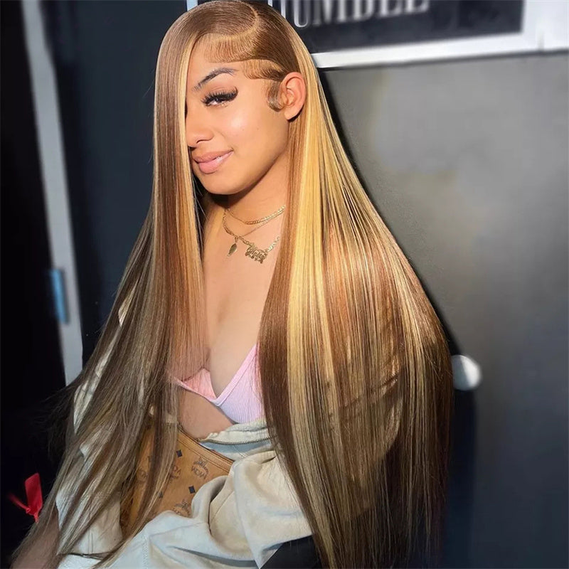 Eullair P8/613 Piano Highlights Body Wave 13×4 Lace Frontal Wig - Brown with Blonde Highlights Straight Human Hair Wig for Women | Perfect for Daily Wear, Parties & Special Occasions