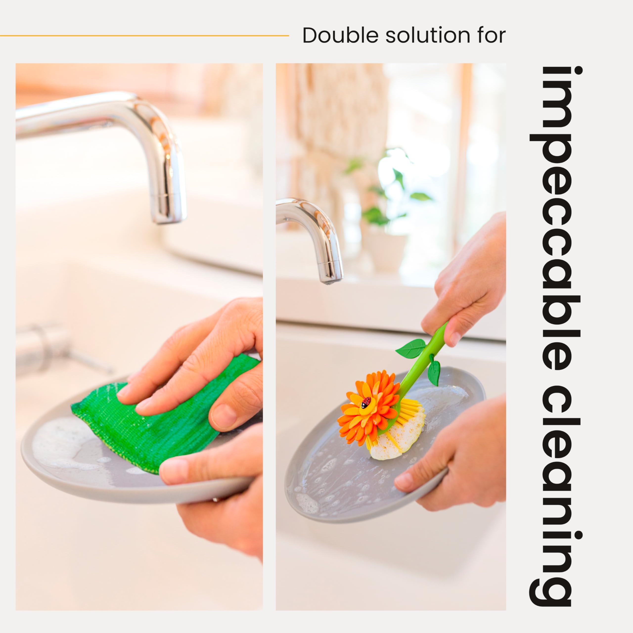 Vigar Flower Power Kitchen Soap Dispenser Set with Sponge Caddy & Dish Brush | Orange & Green Sink Organizer for Efficient Dishwashing
