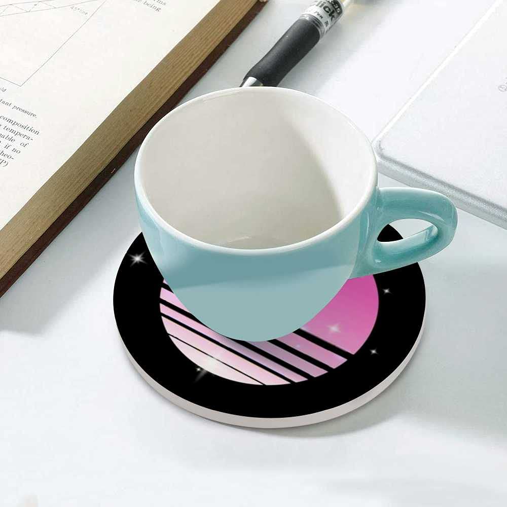 Synthwave Cyberpunk Sun Starry Sky Black Ceramic Drink Coasters Set - 3.9 Inch Absorbent Round Coasters with Cork Base for Kitchen, Bar, Apartment (2-Pack) - Perfect for Protecting Tables from Glass Stains